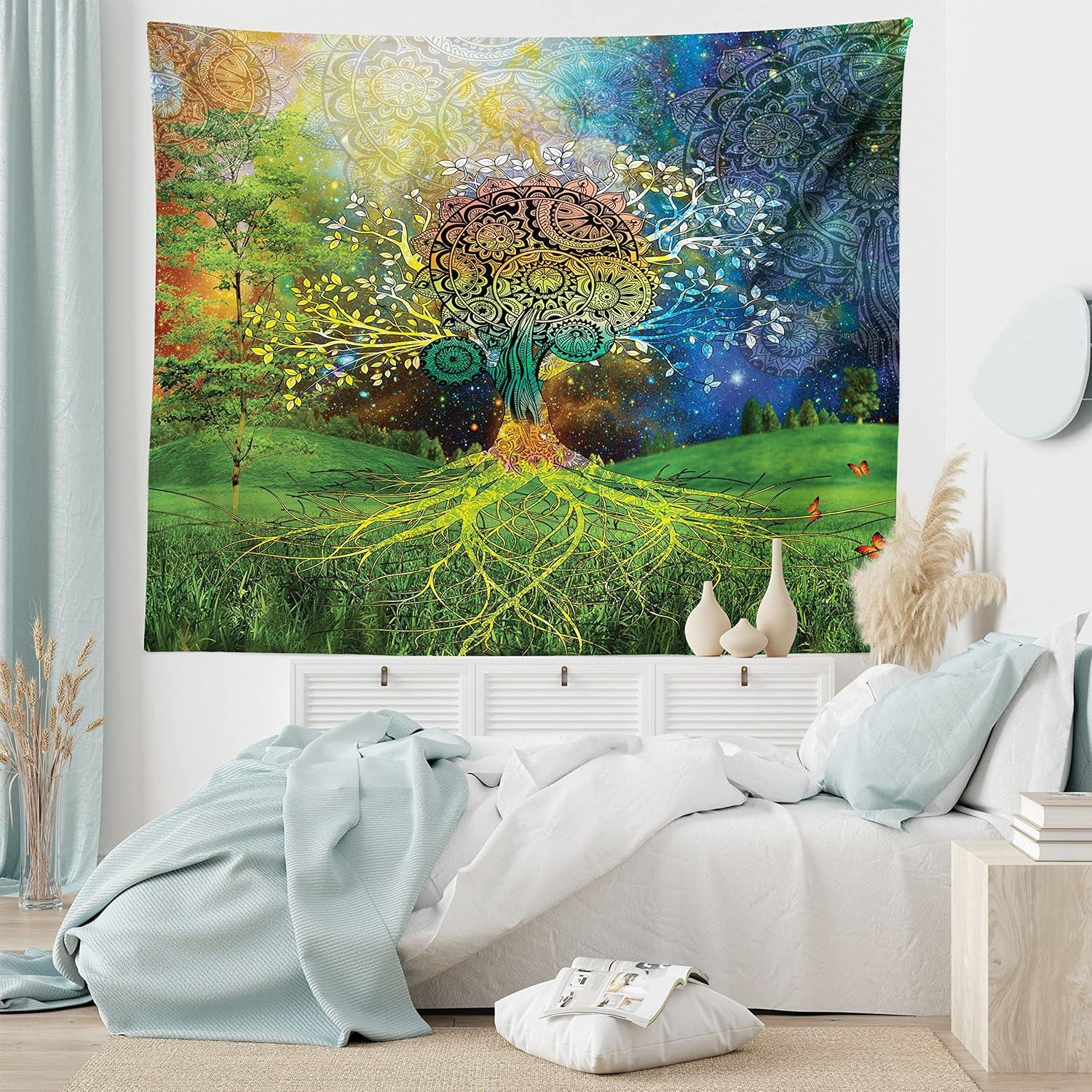 imageAmbesonne Hippie Tapestry Modern Goth Scene of Wingy Skeleton Moon and Roundy Flowers Boho Dreamy Fabric Wall Hanging Decor for Bedroom Living Room Dorm 28 X 23 Eggshell Shamrock GreenGreen Blue