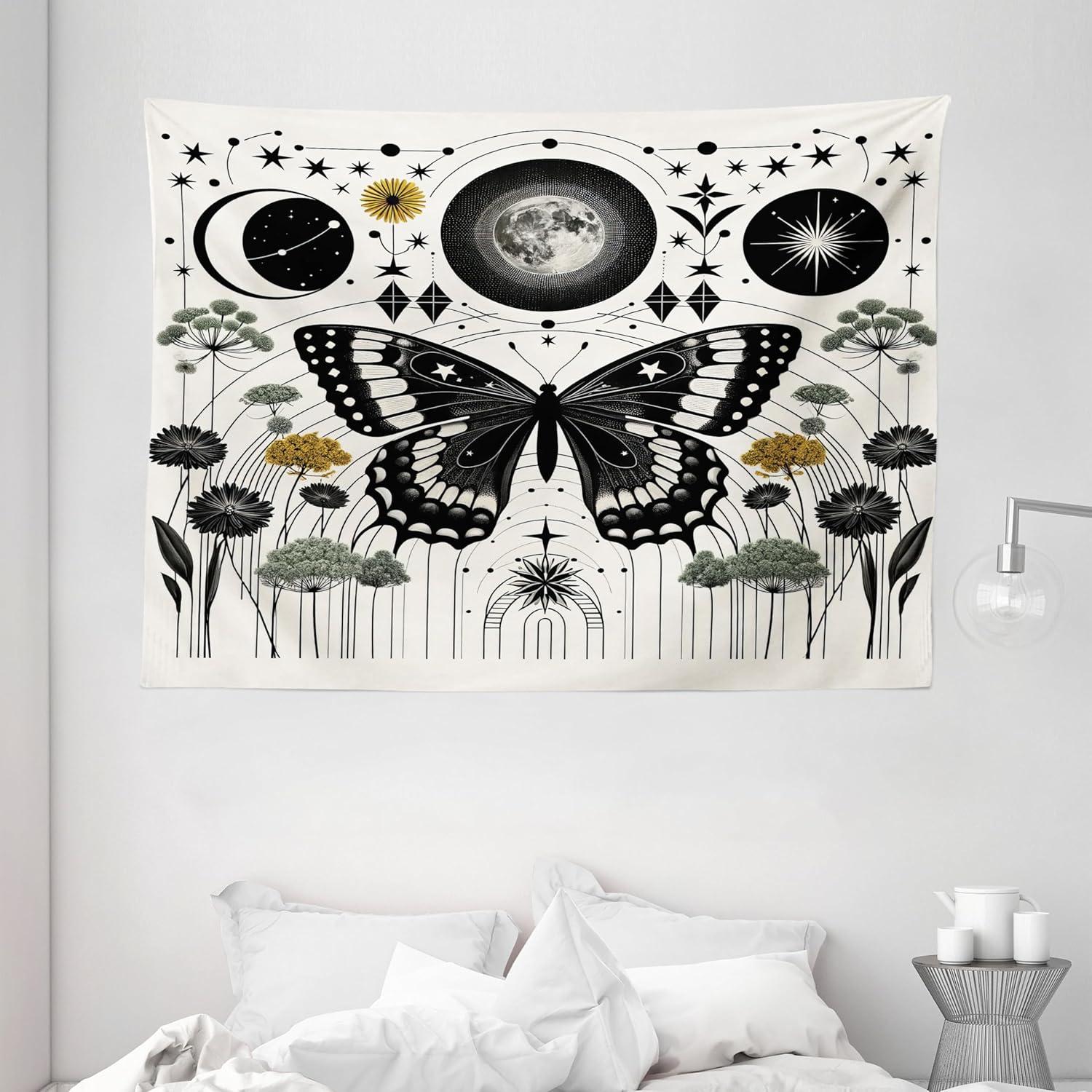 imageAmbesonne Hippie Tapestry Modern Goth Scene of Wingy Skeleton Moon and Roundy Flowers Boho Dreamy Fabric Wall Hanging Decor for Bedroom Living Room Dorm 28 X 23 Eggshell Shamrock GreenCream Dark Grey Green