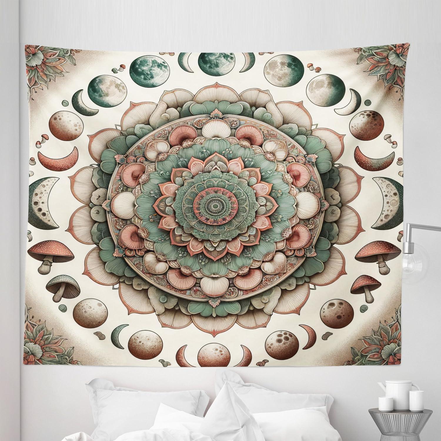 imageAmbesonne Hippie Tapestry Modern Goth Scene of Wingy Skeleton Moon and Roundy Flowers Boho Dreamy Fabric Wall Hanging Decor for Bedroom Living Room Dorm 28 X 23 Eggshell Shamrock GreenPale Mustard Laurel Green
