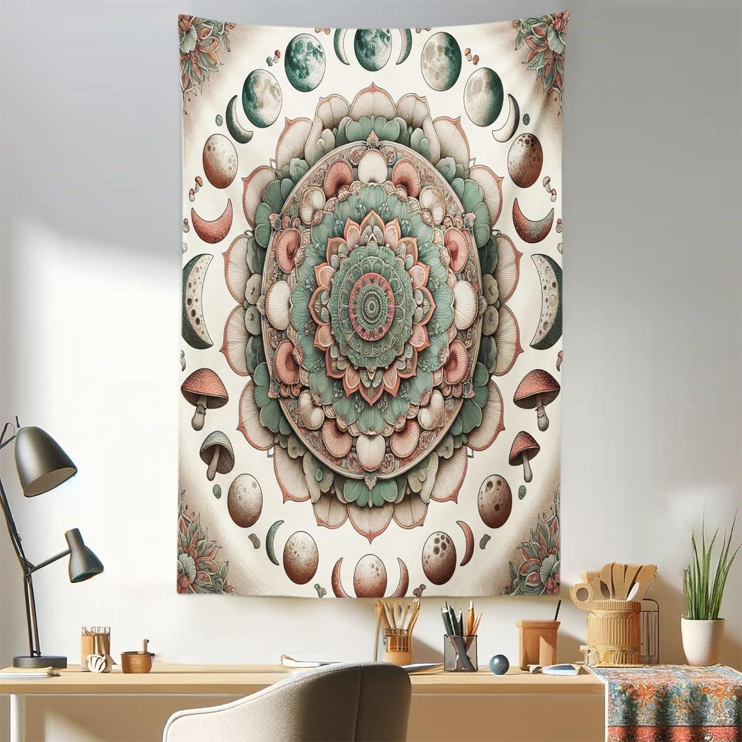 imageAmbesonne Hippie Tapestry Modern Goth Scene of Wingy Skeleton Moon and Roundy Flowers Boho Dreamy Fabric Wall Hanging Decor for Bedroom Living Room Dorm 28 X 23 Eggshell Shamrock GreenPale Mustard Laurel Green