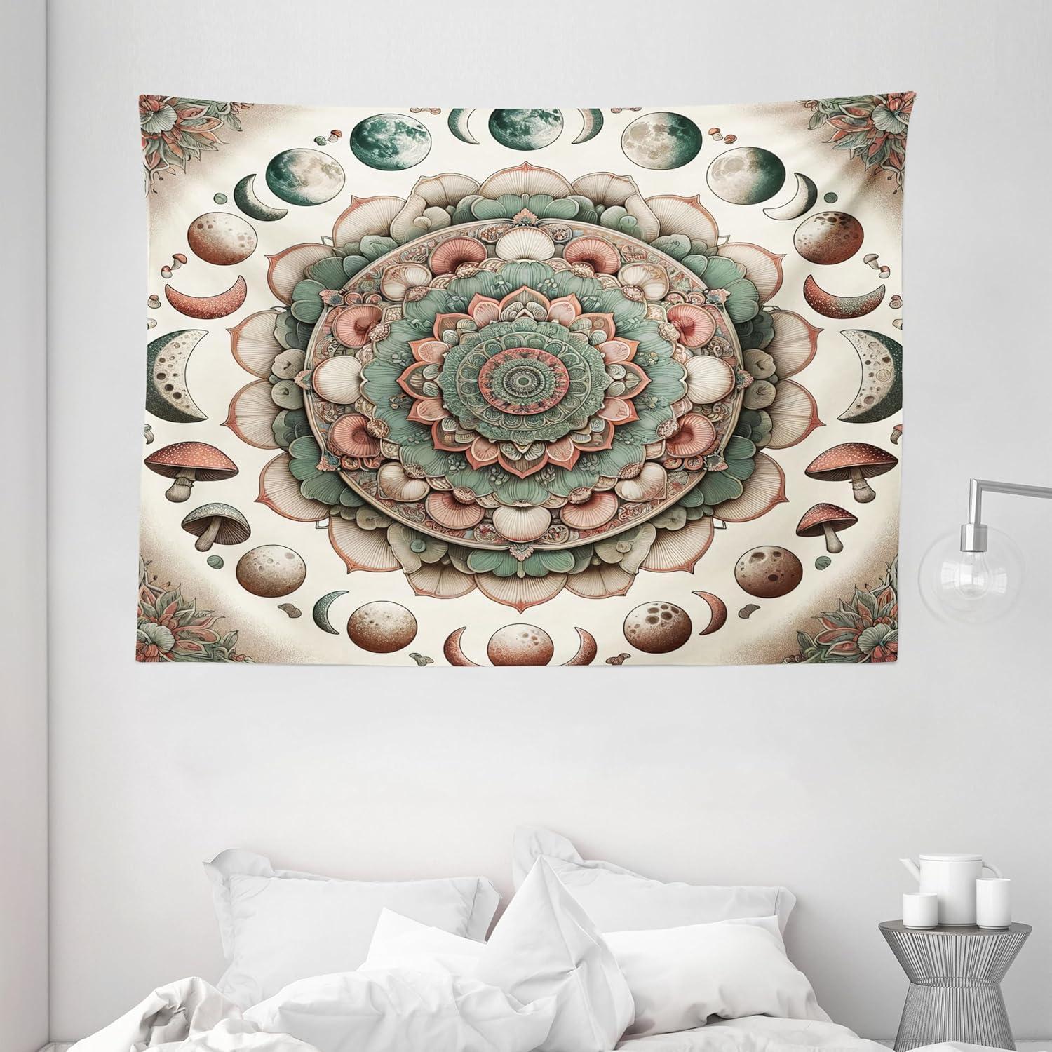 imageAmbesonne Hippie Tapestry Modern Goth Scene of Wingy Skeleton Moon and Roundy Flowers Boho Dreamy Fabric Wall Hanging Decor for Bedroom Living Room Dorm 28 X 23 Eggshell Shamrock GreenPale Mustard Laurel Green
