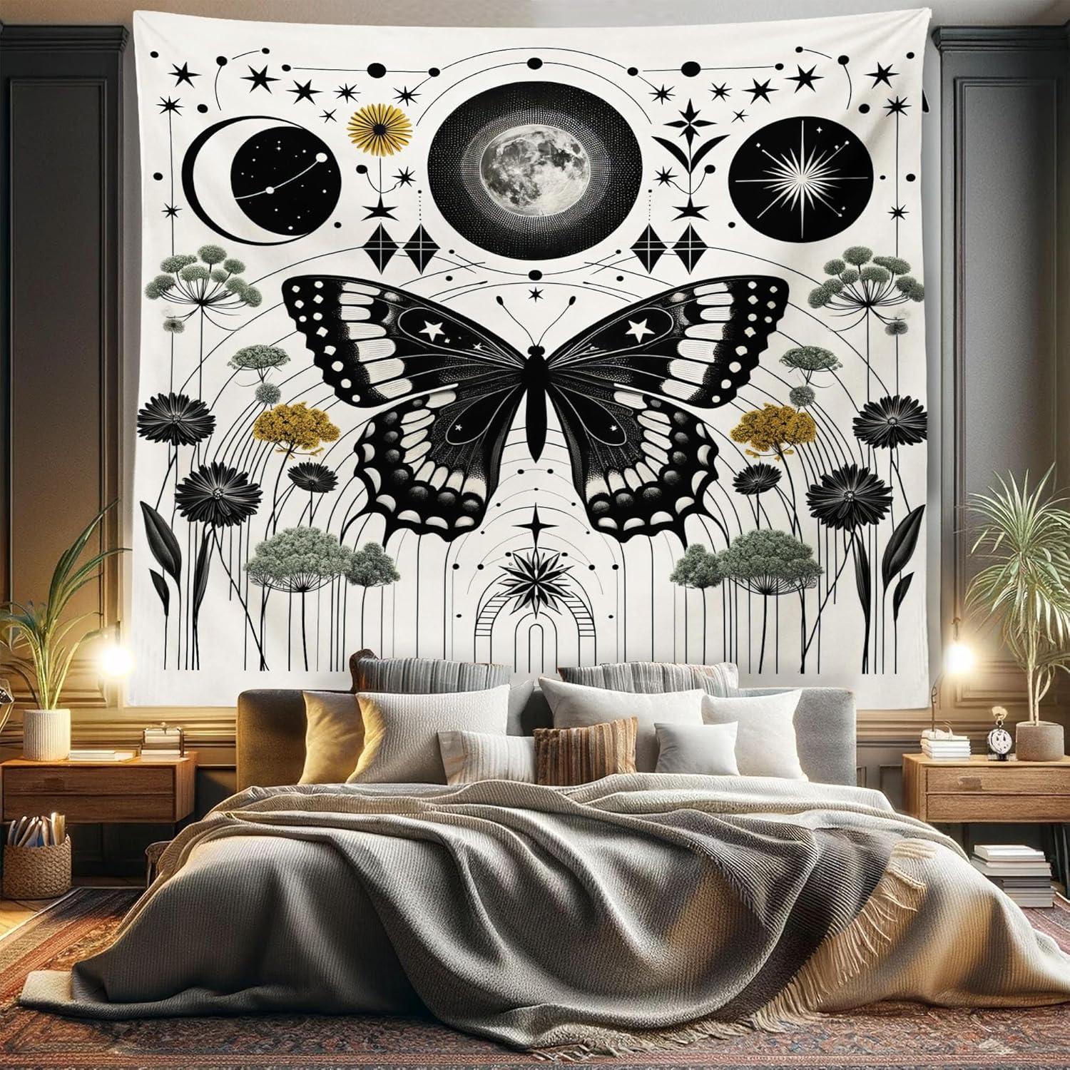 imageAmbesonne Hippie Tapestry Modern Goth Scene of Wingy Skeleton Moon and Roundy Flowers Boho Dreamy Fabric Wall Hanging Decor for Bedroom Living Room Dorm 28 X 23 Eggshell Shamrock GreenCream Dark Grey Green