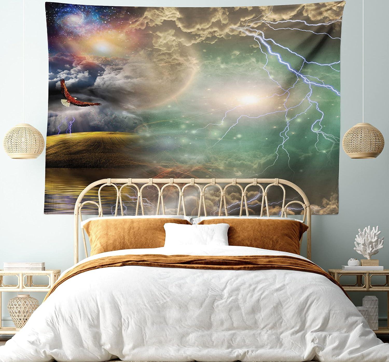 imageAmbesonne Hippie Tapestry Modern Goth Scene of Wingy Skeleton Moon and Roundy Flowers Boho Dreamy Fabric Wall Hanging Decor for Bedroom Living Room Dorm 28 X 23 Eggshell Shamrock GreenPurple Yellow