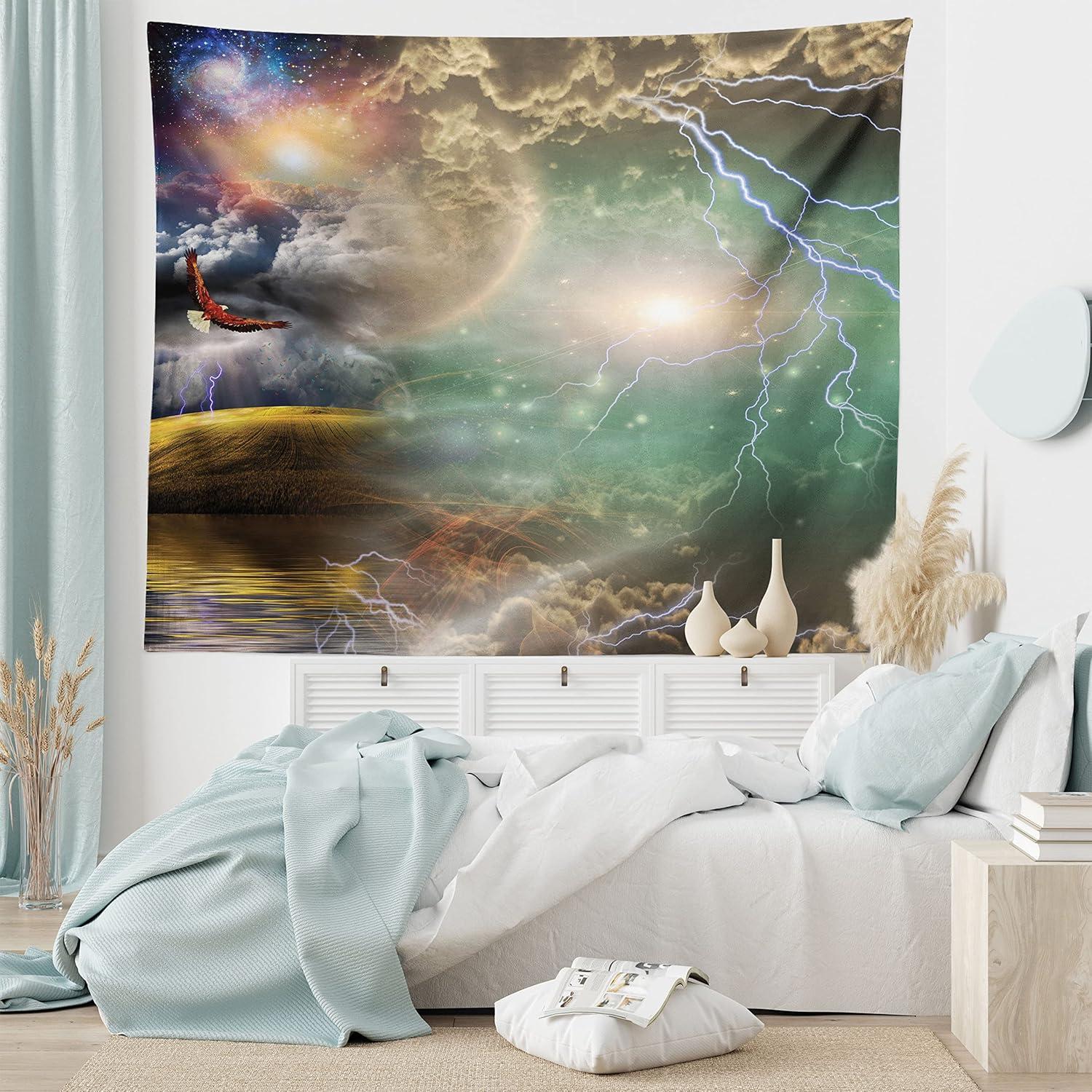 imageAmbesonne Hippie Tapestry Modern Goth Scene of Wingy Skeleton Moon and Roundy Flowers Boho Dreamy Fabric Wall Hanging Decor for Bedroom Living Room Dorm 28 X 23 Eggshell Shamrock GreenPurple Yellow