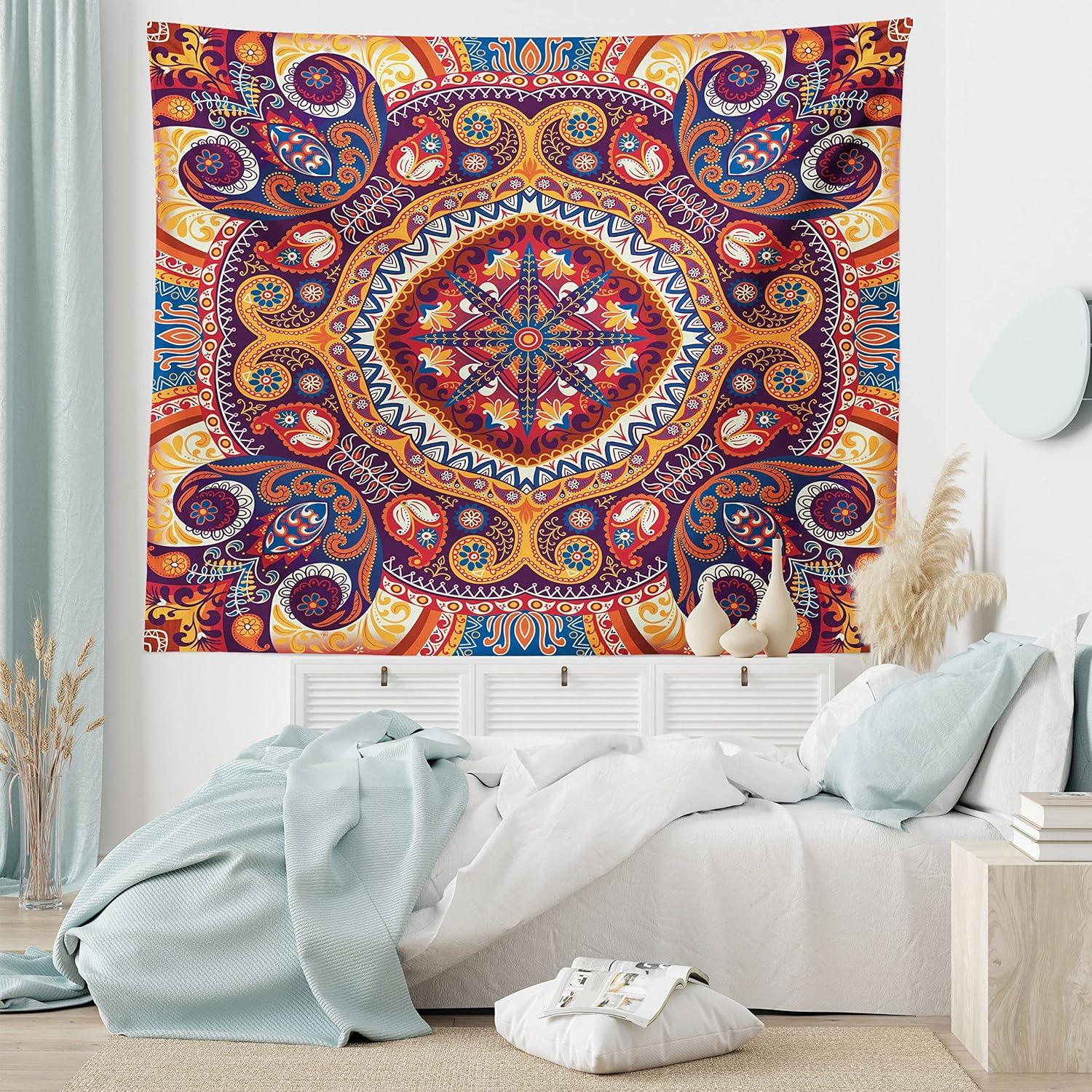 imageAmbesonne Hippie Tapestry Modern Goth Scene of Wingy Skeleton Moon and Roundy Flowers Boho Dreamy Fabric Wall Hanging Decor for Bedroom Living Room Dorm 28 X 23 Eggshell Shamrock GreenPale Orange