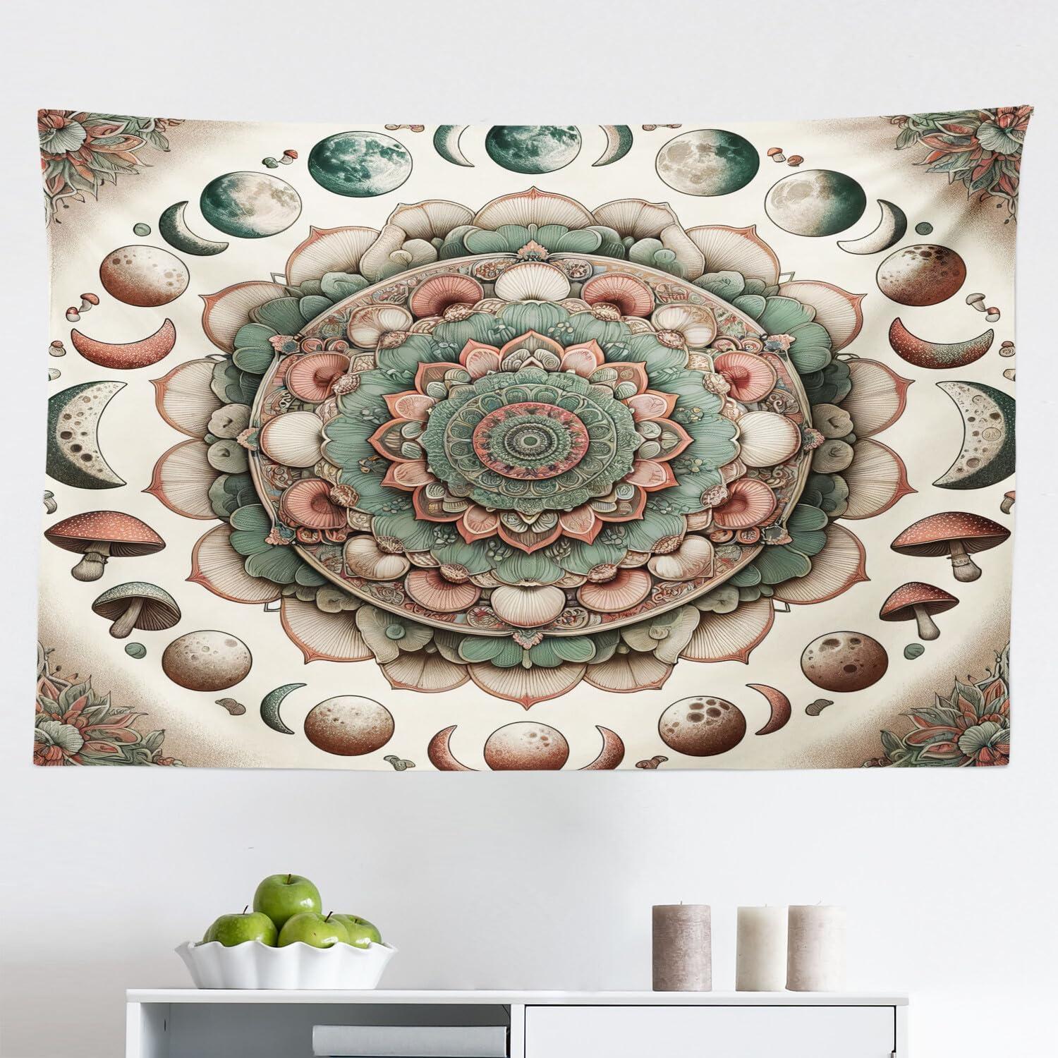 imageAmbesonne Hippie Tapestry Modern Goth Scene of Wingy Skeleton Moon and Roundy Flowers Boho Dreamy Fabric Wall Hanging Decor for Bedroom Living Room Dorm 28 X 23 Eggshell Shamrock GreenPale Mustard Laurel Green