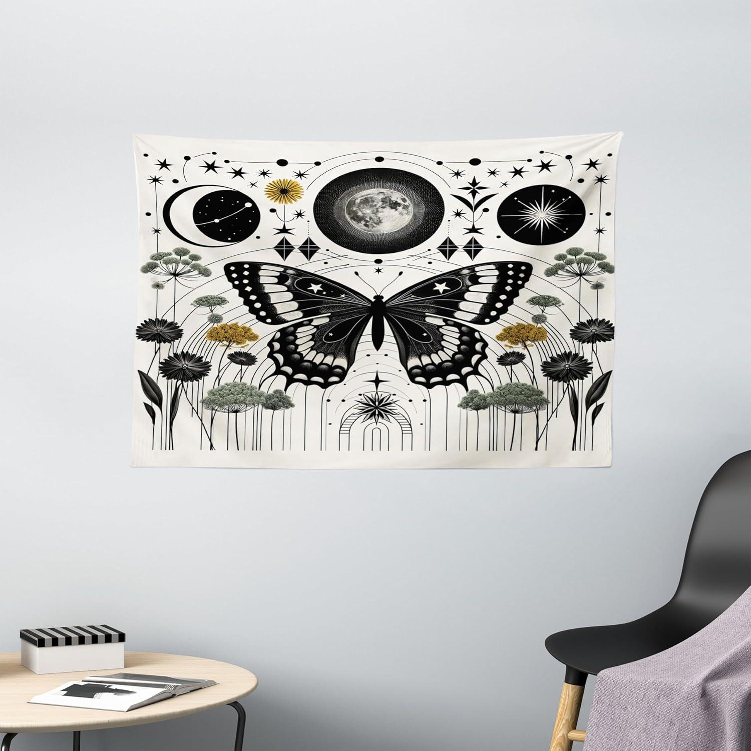 imageAmbesonne Hippie Tapestry Modern Goth Scene of Wingy Skeleton Moon and Roundy Flowers Boho Dreamy Fabric Wall Hanging Decor for Bedroom Living Room Dorm 28 X 23 Eggshell Shamrock GreenCream Dark Grey Green