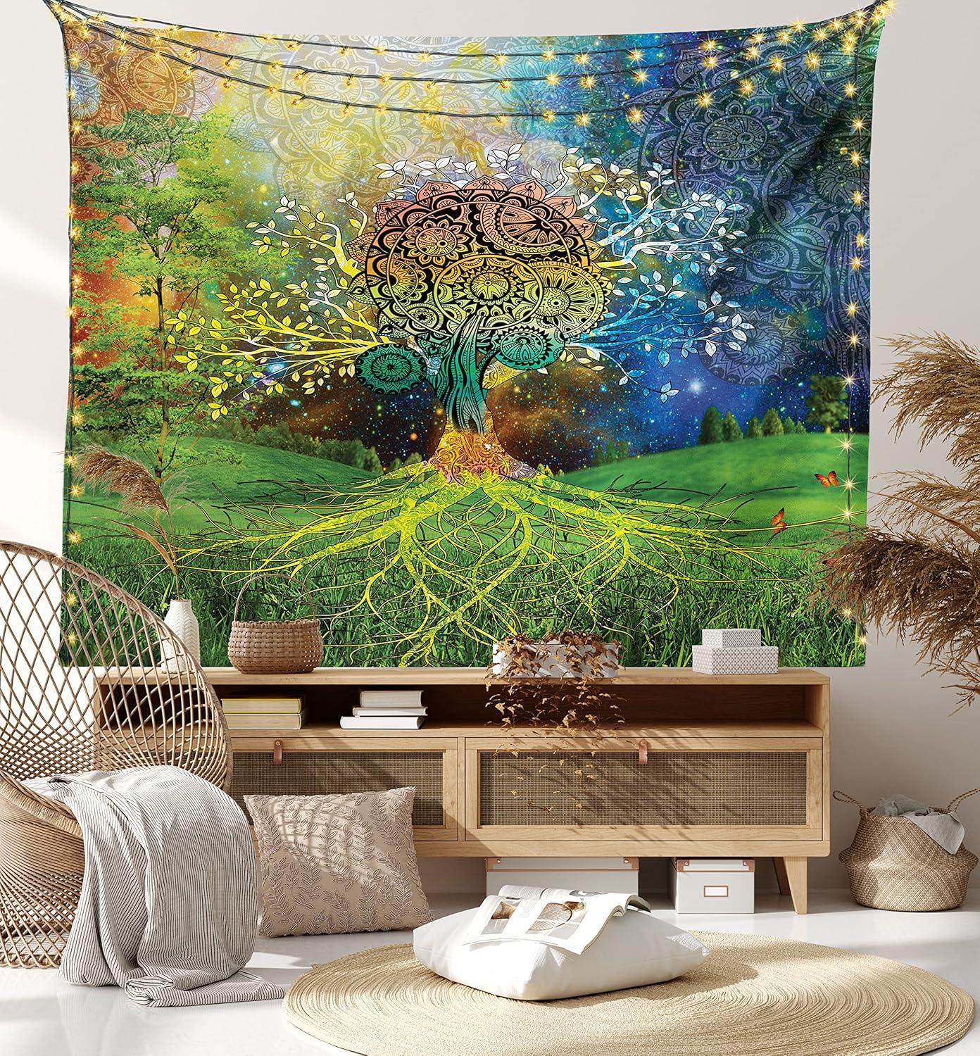 imageAmbesonne Hippie Tapestry Modern Goth Scene of Wingy Skeleton Moon and Roundy Flowers Boho Dreamy Fabric Wall Hanging Decor for Bedroom Living Room Dorm 28 X 23 Eggshell Shamrock GreenGreen Blue