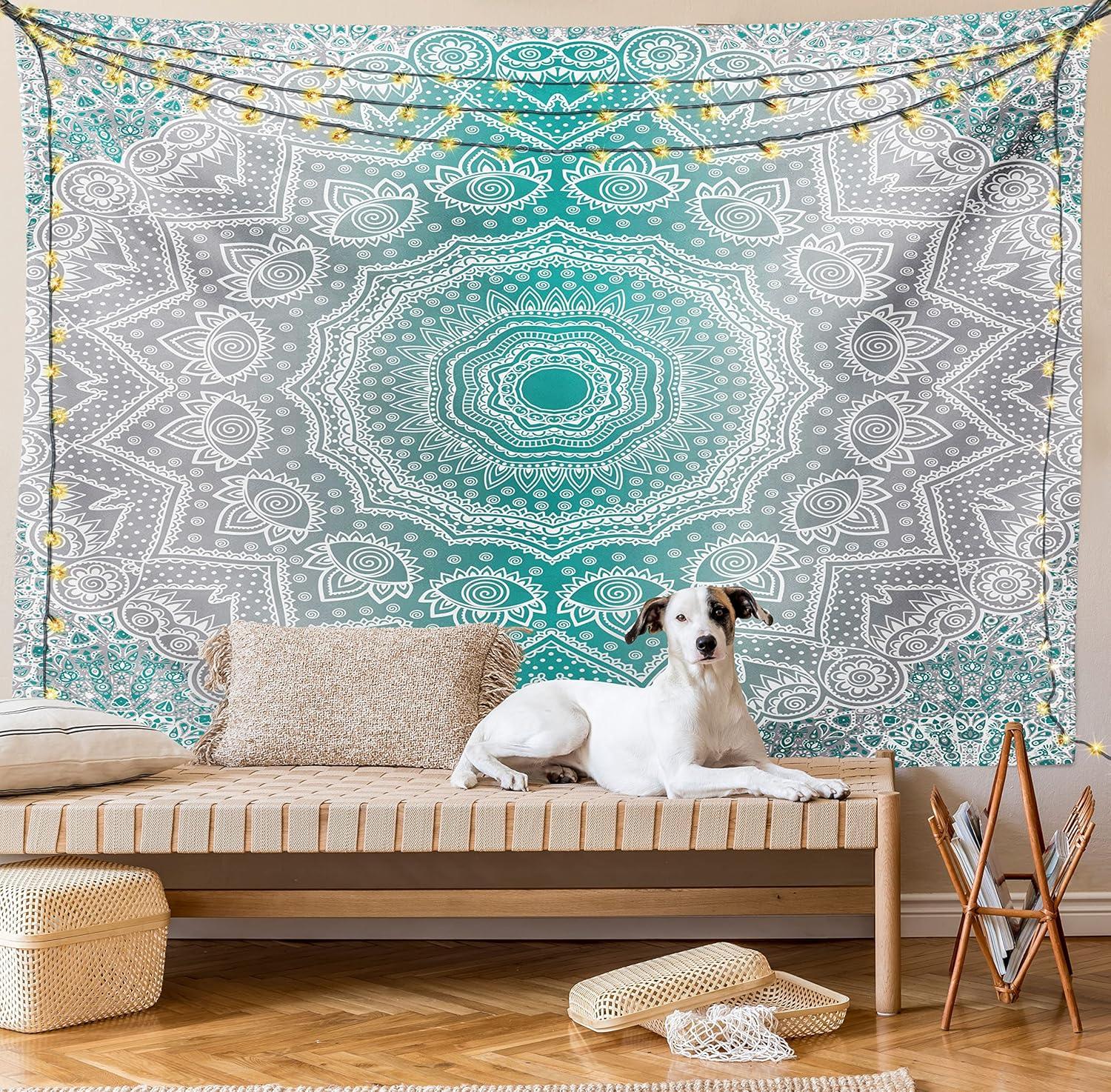imageAmbesonne Hippie Tapestry Modern Goth Scene of Wingy Skeleton Moon and Roundy Flowers Boho Dreamy Fabric Wall Hanging Decor for Bedroom Living Room Dorm 28 X 23 Eggshell Shamrock GreenTeal and Grey