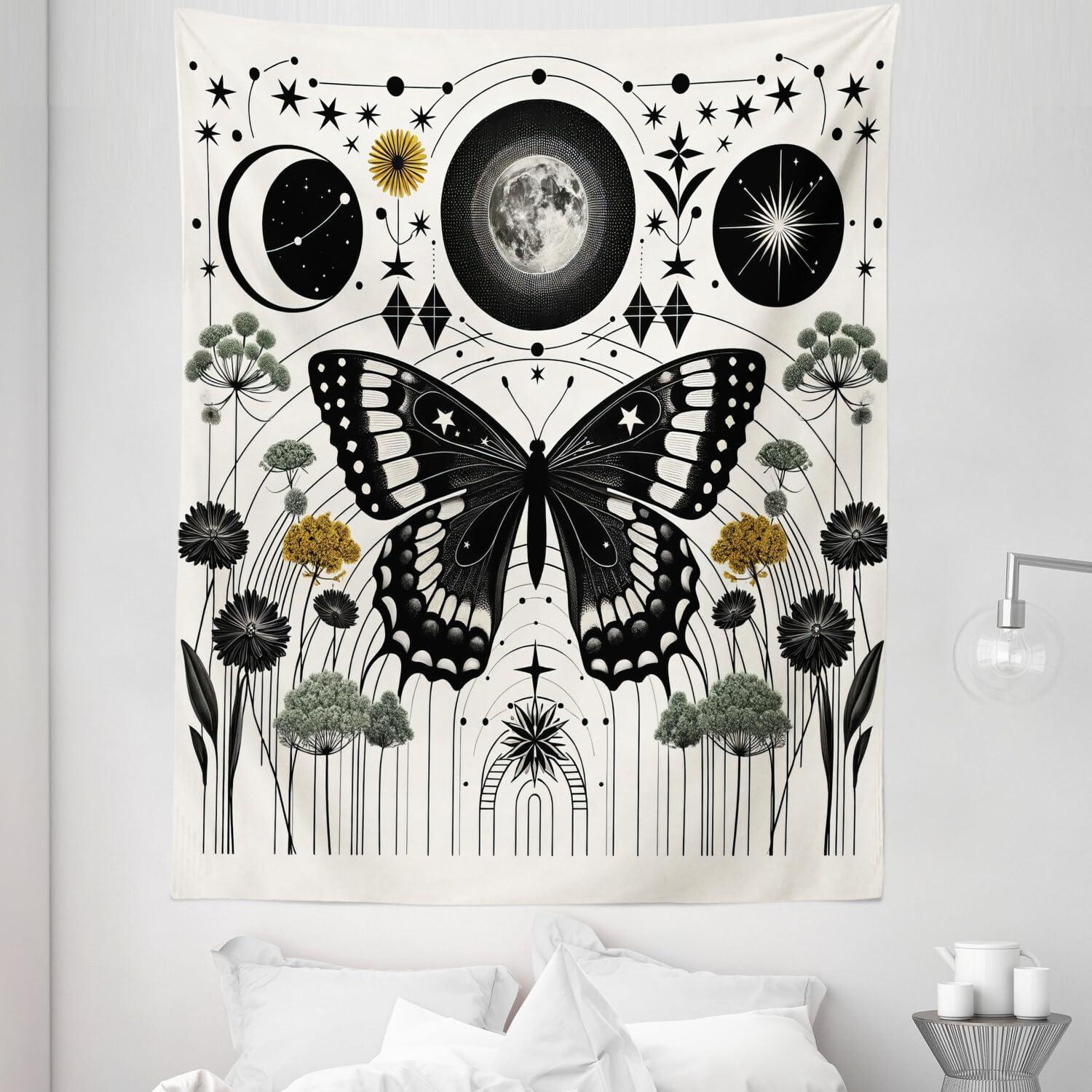 imageAmbesonne Hippie Tapestry Modern Goth Scene of Wingy Skeleton Moon and Roundy Flowers Boho Dreamy Fabric Wall Hanging Decor for Bedroom Living Room Dorm 28 X 23 Eggshell Shamrock GreenCream Dark Grey Green