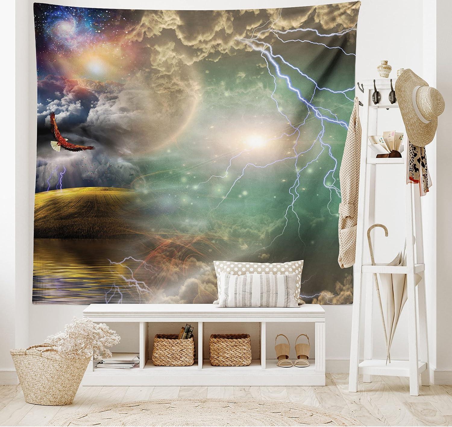 imageAmbesonne Hippie Tapestry Modern Goth Scene of Wingy Skeleton Moon and Roundy Flowers Boho Dreamy Fabric Wall Hanging Decor for Bedroom Living Room Dorm 28 X 23 Eggshell Shamrock GreenPurple Yellow