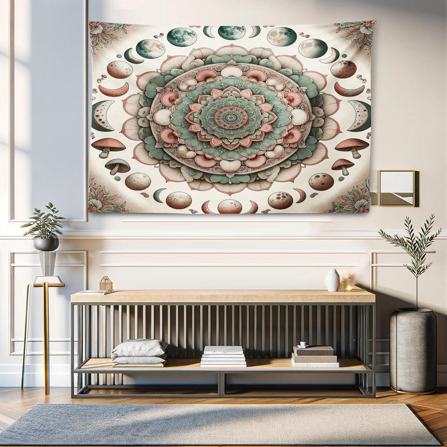 imageAmbesonne Hippie Tapestry Modern Goth Scene of Wingy Skeleton Moon and Roundy Flowers Boho Dreamy Fabric Wall Hanging Decor for Bedroom Living Room Dorm 28 X 23 Eggshell Shamrock GreenPale Mustard Laurel Green