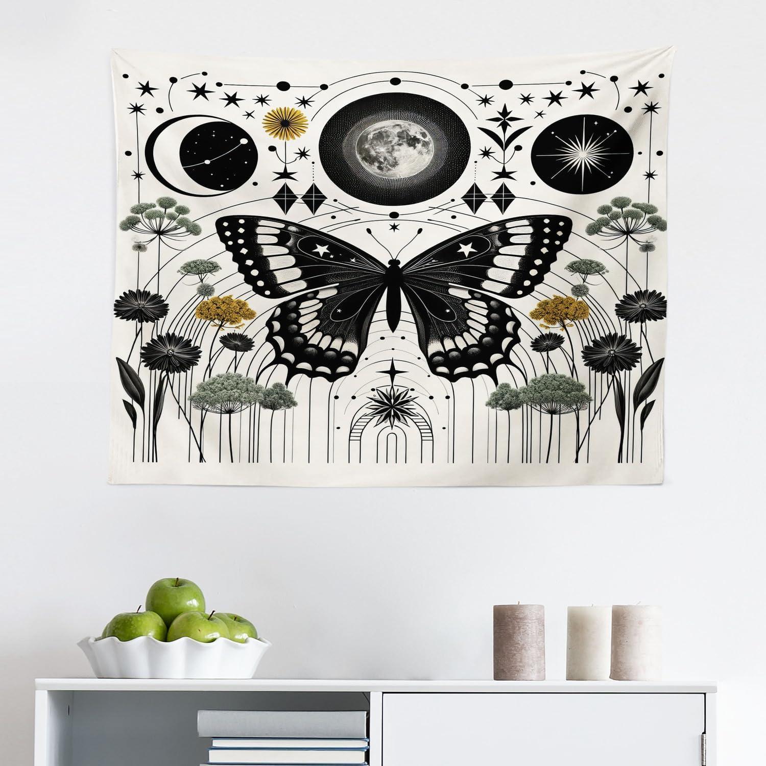 imageAmbesonne Hippie Tapestry Modern Goth Scene of Wingy Skeleton Moon and Roundy Flowers Boho Dreamy Fabric Wall Hanging Decor for Bedroom Living Room Dorm 28 X 23 Eggshell Shamrock GreenCream Dark Grey Green