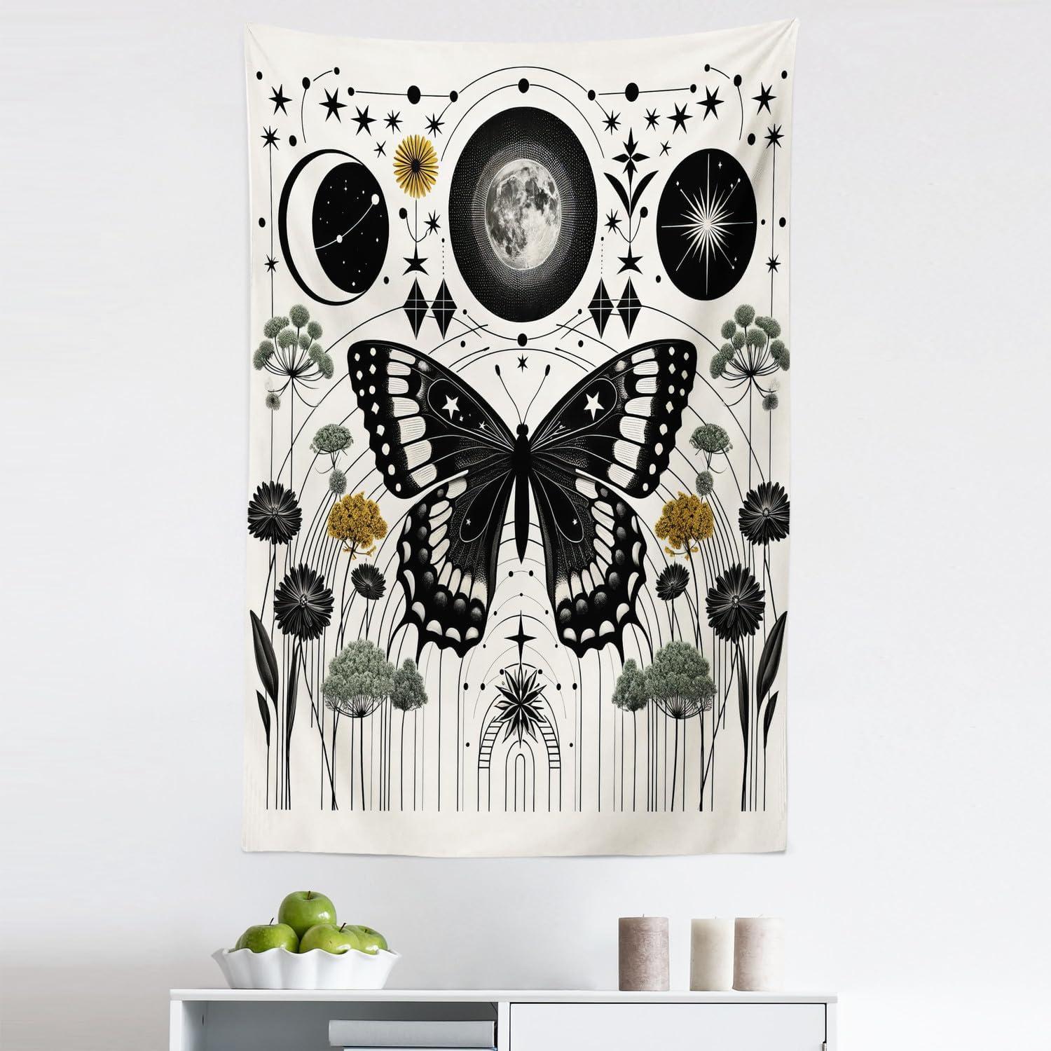 imageAmbesonne Hippie Tapestry Modern Goth Scene of Wingy Skeleton Moon and Roundy Flowers Boho Dreamy Fabric Wall Hanging Decor for Bedroom Living Room Dorm 28 X 23 Eggshell Shamrock GreenCream Dark Grey Green