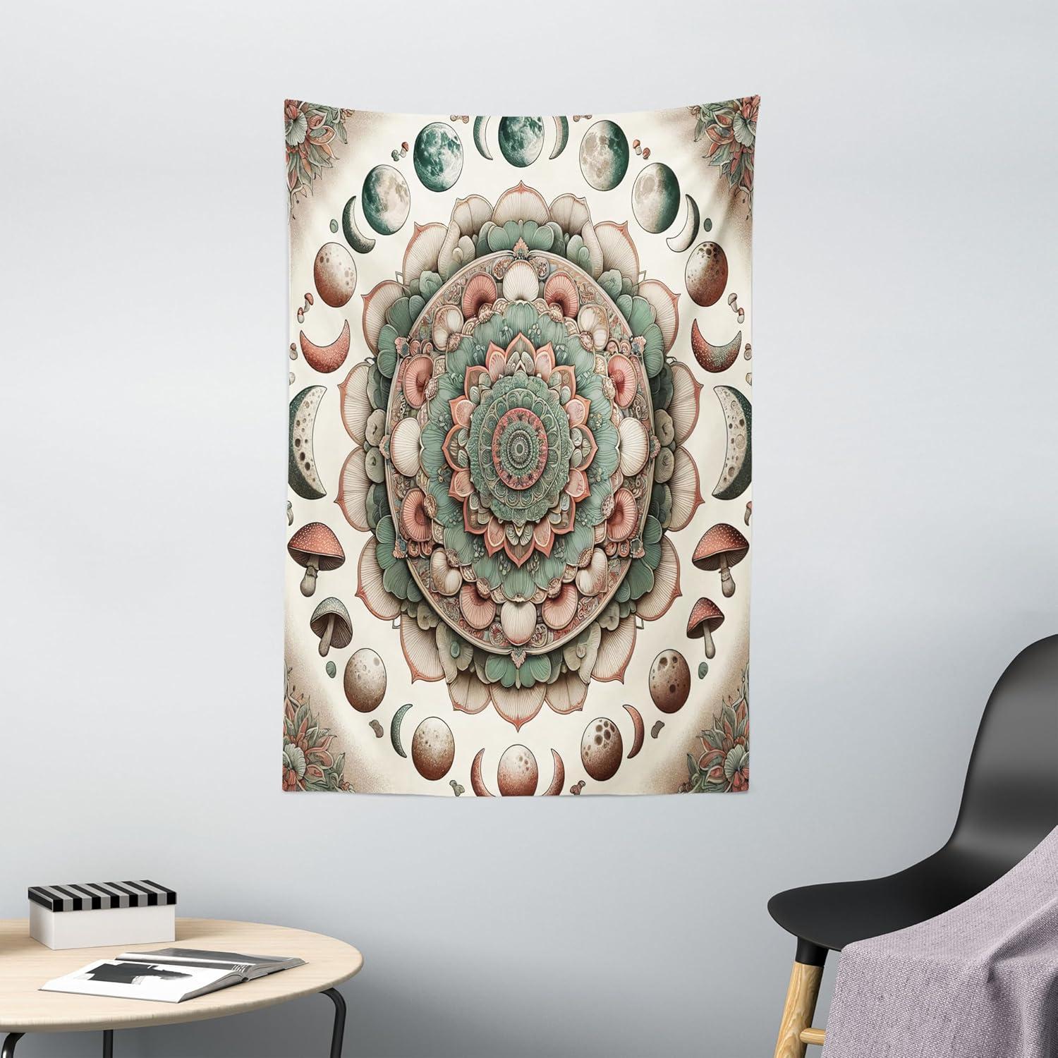 imageAmbesonne Hippie Tapestry Modern Goth Scene of Wingy Skeleton Moon and Roundy Flowers Boho Dreamy Fabric Wall Hanging Decor for Bedroom Living Room Dorm 28 X 23 Eggshell Shamrock GreenPale Mustard Laurel Green