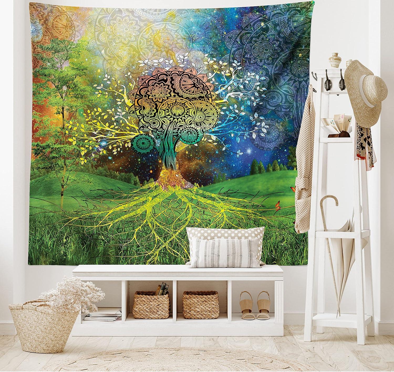 imageAmbesonne Hippie Tapestry Modern Goth Scene of Wingy Skeleton Moon and Roundy Flowers Boho Dreamy Fabric Wall Hanging Decor for Bedroom Living Room Dorm 28 X 23 Eggshell Shamrock GreenGreen Blue