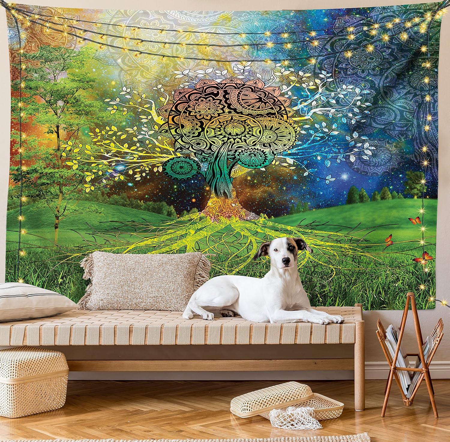 imageAmbesonne Hippie Tapestry Modern Goth Scene of Wingy Skeleton Moon and Roundy Flowers Boho Dreamy Fabric Wall Hanging Decor for Bedroom Living Room Dorm 28 X 23 Eggshell Shamrock GreenGreen Blue