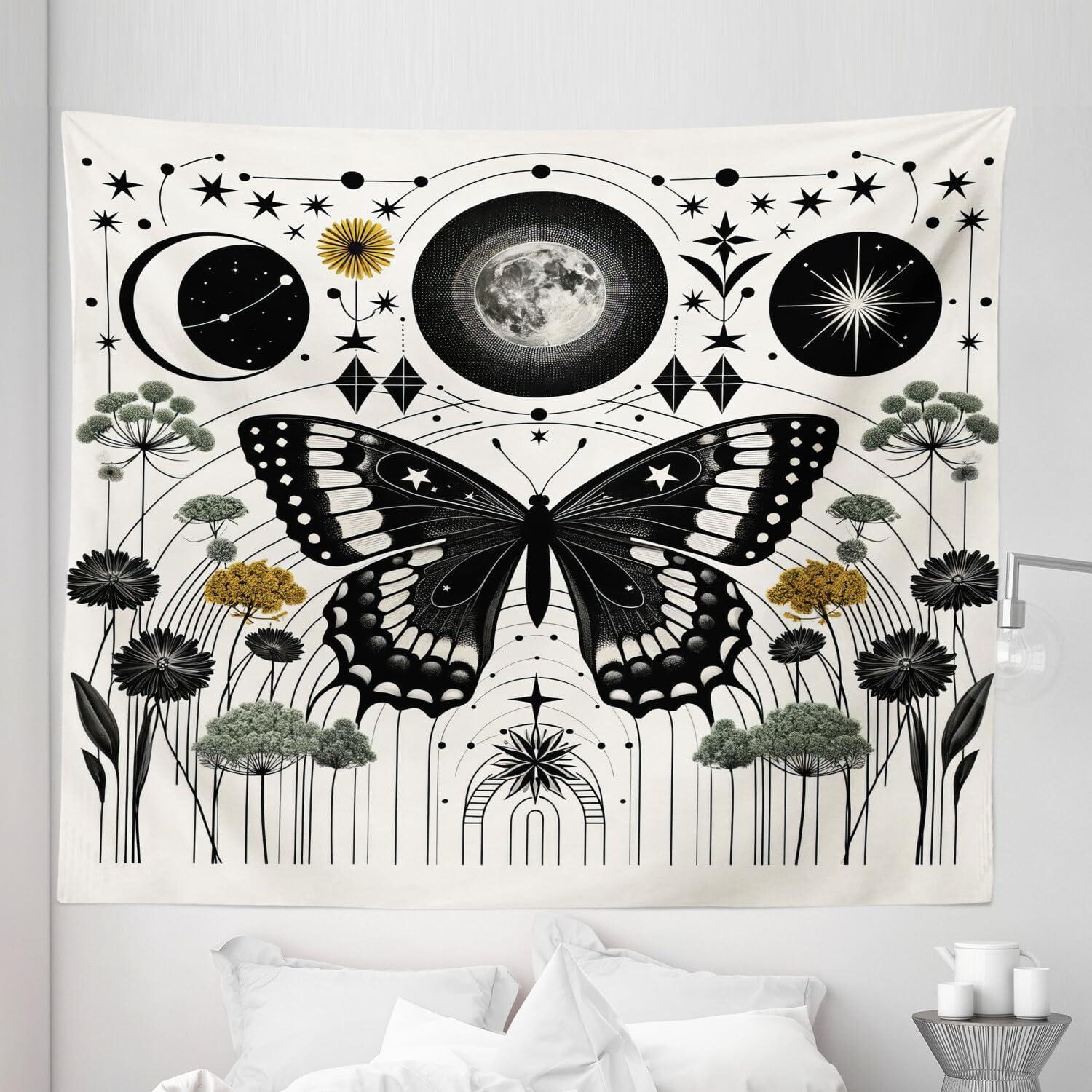 imageAmbesonne Hippie Tapestry Modern Goth Scene of Wingy Skeleton Moon and Roundy Flowers Boho Dreamy Fabric Wall Hanging Decor for Bedroom Living Room Dorm 28 X 23 Eggshell Shamrock GreenCream Dark Grey Green