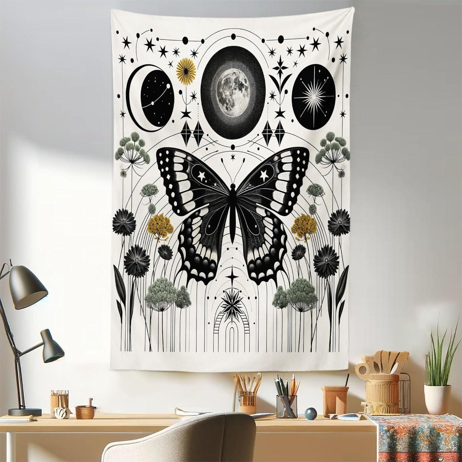 imageAmbesonne Hippie Tapestry Modern Goth Scene of Wingy Skeleton Moon and Roundy Flowers Boho Dreamy Fabric Wall Hanging Decor for Bedroom Living Room Dorm 28 X 23 Eggshell Shamrock GreenCream Dark Grey Green