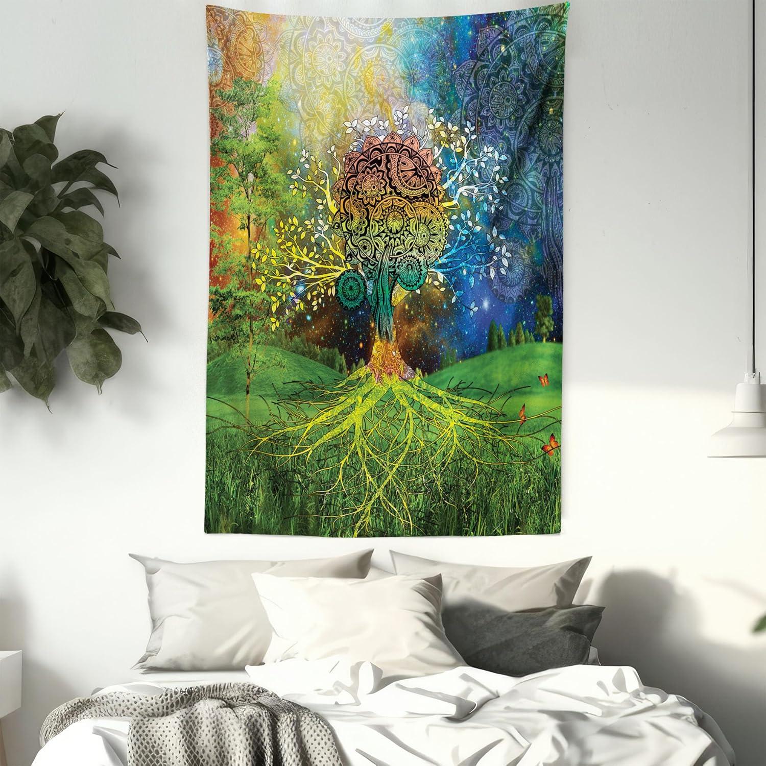 imageAmbesonne Hippie Tapestry Modern Goth Scene of Wingy Skeleton Moon and Roundy Flowers Boho Dreamy Fabric Wall Hanging Decor for Bedroom Living Room Dorm 28 X 23 Eggshell Shamrock GreenGreen Blue