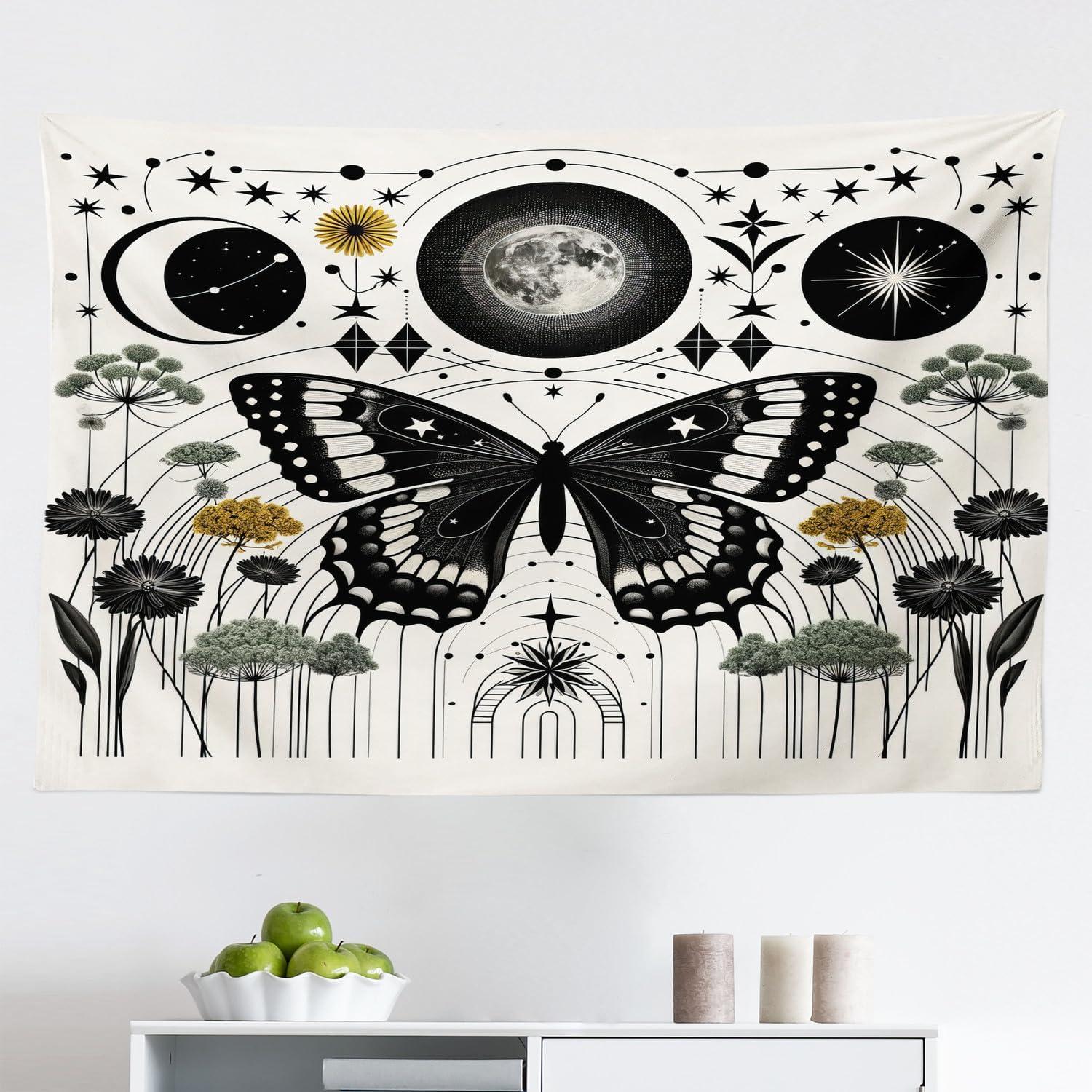 imageAmbesonne Hippie Tapestry Modern Goth Scene of Wingy Skeleton Moon and Roundy Flowers Boho Dreamy Fabric Wall Hanging Decor for Bedroom Living Room Dorm 28 X 23 Eggshell Shamrock GreenCream Dark Grey Green