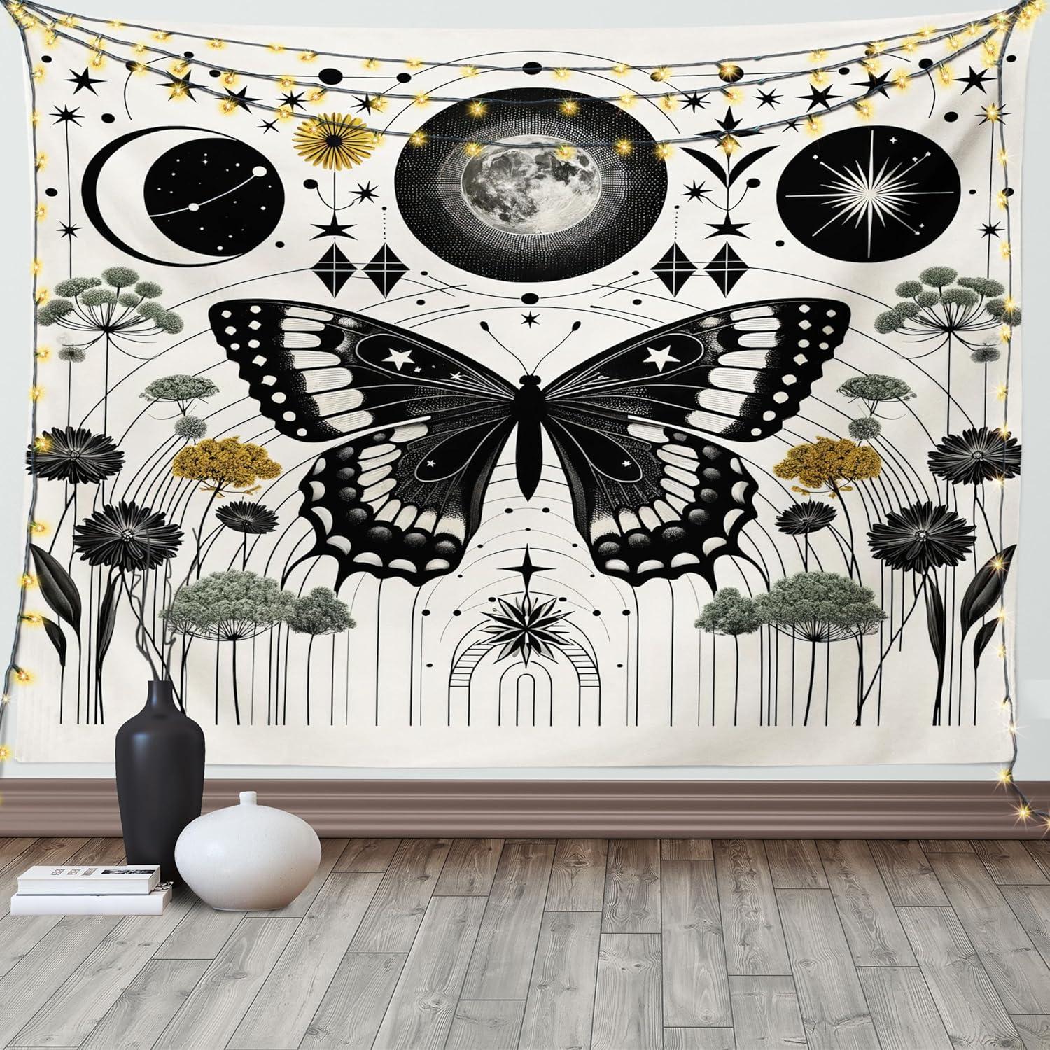 imageAmbesonne Hippie Tapestry Modern Goth Scene of Wingy Skeleton Moon and Roundy Flowers Boho Dreamy Fabric Wall Hanging Decor for Bedroom Living Room Dorm 28 X 23 Eggshell Shamrock GreenCream Dark Grey Green