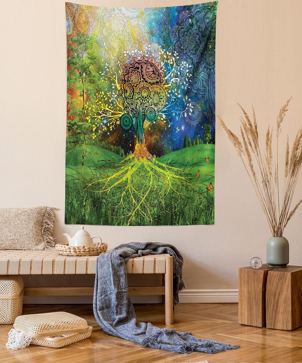 imageAmbesonne Hippie Tapestry Modern Goth Scene of Wingy Skeleton Moon and Roundy Flowers Boho Dreamy Fabric Wall Hanging Decor for Bedroom Living Room Dorm 28 X 23 Eggshell Shamrock GreenGreen Blue