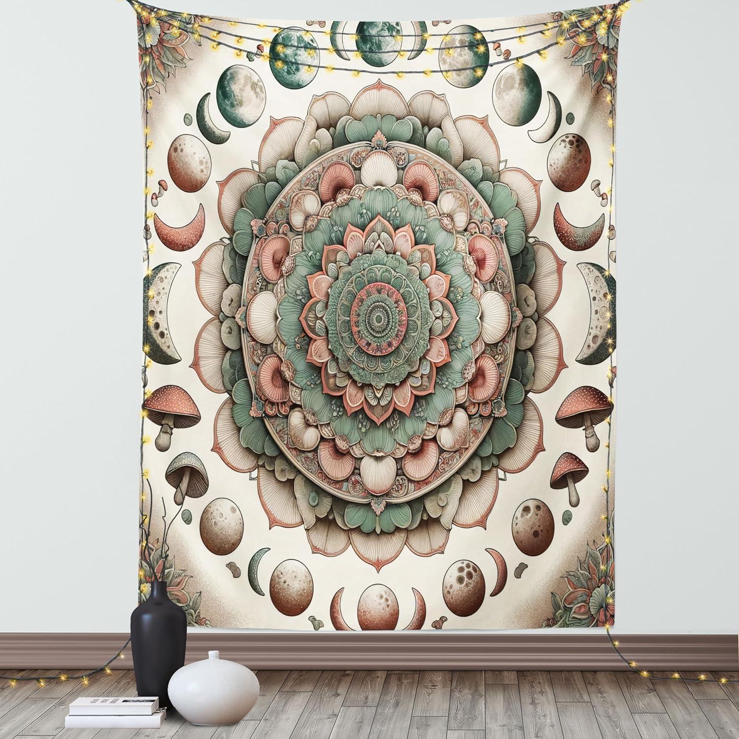 imageAmbesonne Hippie Tapestry Modern Goth Scene of Wingy Skeleton Moon and Roundy Flowers Boho Dreamy Fabric Wall Hanging Decor for Bedroom Living Room Dorm 28 X 23 Eggshell Shamrock GreenPale Mustard Laurel Green