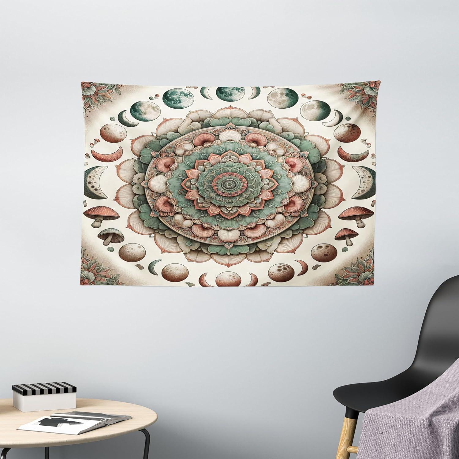 imageAmbesonne Hippie Tapestry Modern Goth Scene of Wingy Skeleton Moon and Roundy Flowers Boho Dreamy Fabric Wall Hanging Decor for Bedroom Living Room Dorm 28 X 23 Eggshell Shamrock GreenPale Mustard Laurel Green