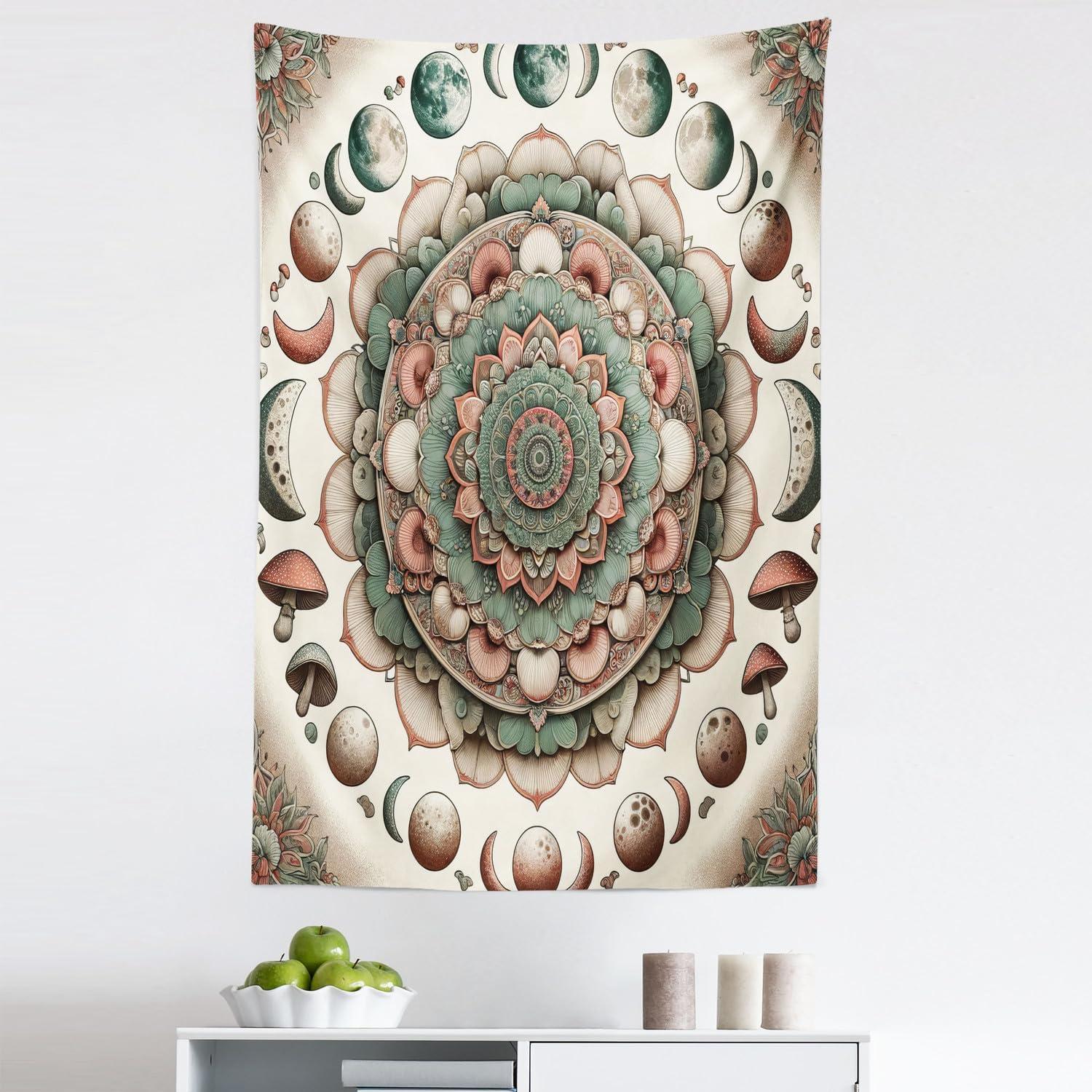 imageAmbesonne Hippie Tapestry Modern Goth Scene of Wingy Skeleton Moon and Roundy Flowers Boho Dreamy Fabric Wall Hanging Decor for Bedroom Living Room Dorm 28 X 23 Eggshell Shamrock GreenPale Mustard Laurel Green