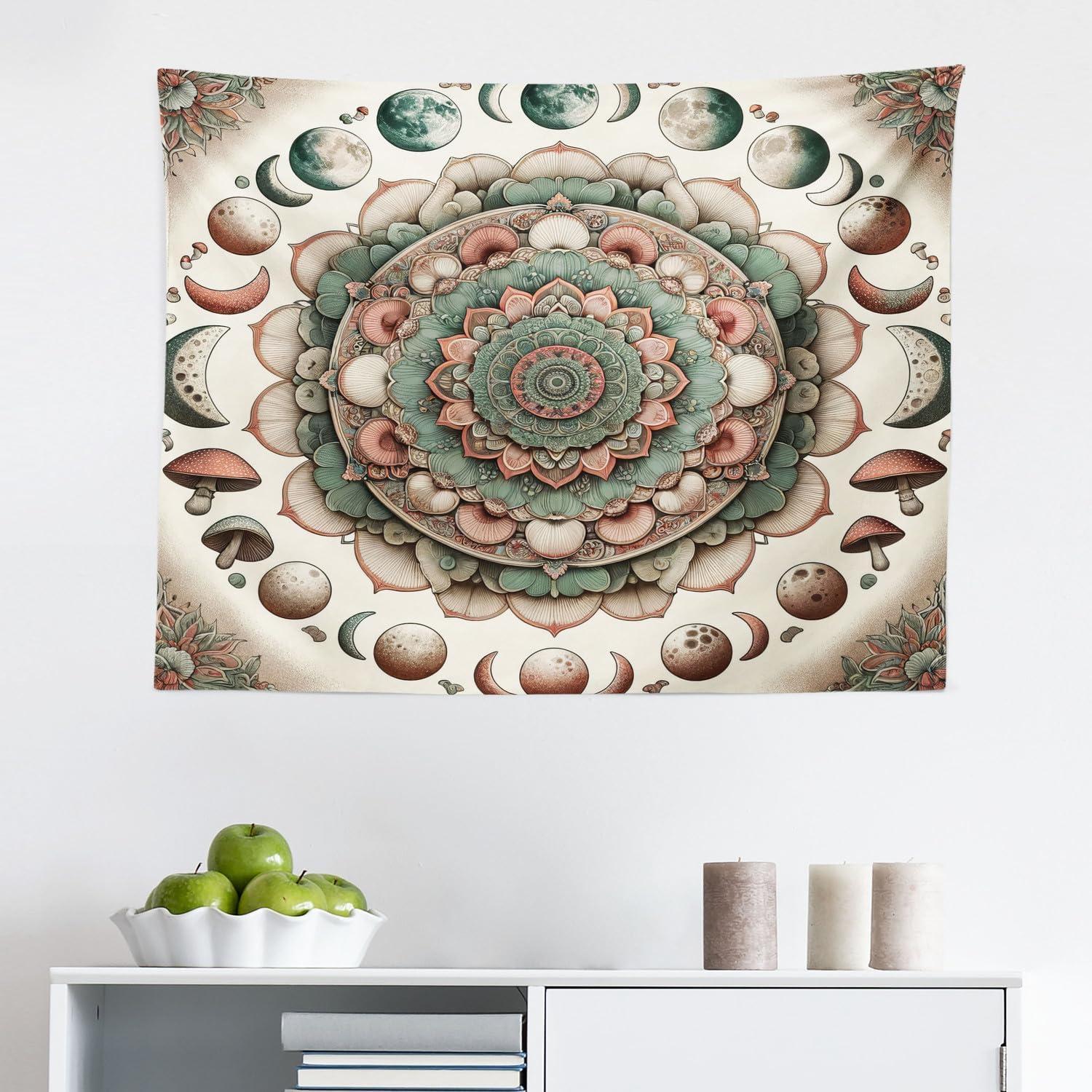 imageAmbesonne Hippie Tapestry Modern Goth Scene of Wingy Skeleton Moon and Roundy Flowers Boho Dreamy Fabric Wall Hanging Decor for Bedroom Living Room Dorm 28 X 23 Eggshell Shamrock GreenPale Mustard Laurel Green