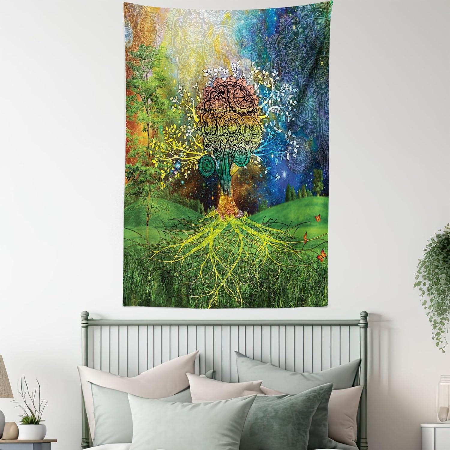imageAmbesonne Hippie Tapestry Modern Goth Scene of Wingy Skeleton Moon and Roundy Flowers Boho Dreamy Fabric Wall Hanging Decor for Bedroom Living Room Dorm 28 X 23 Eggshell Shamrock GreenGreen Blue
