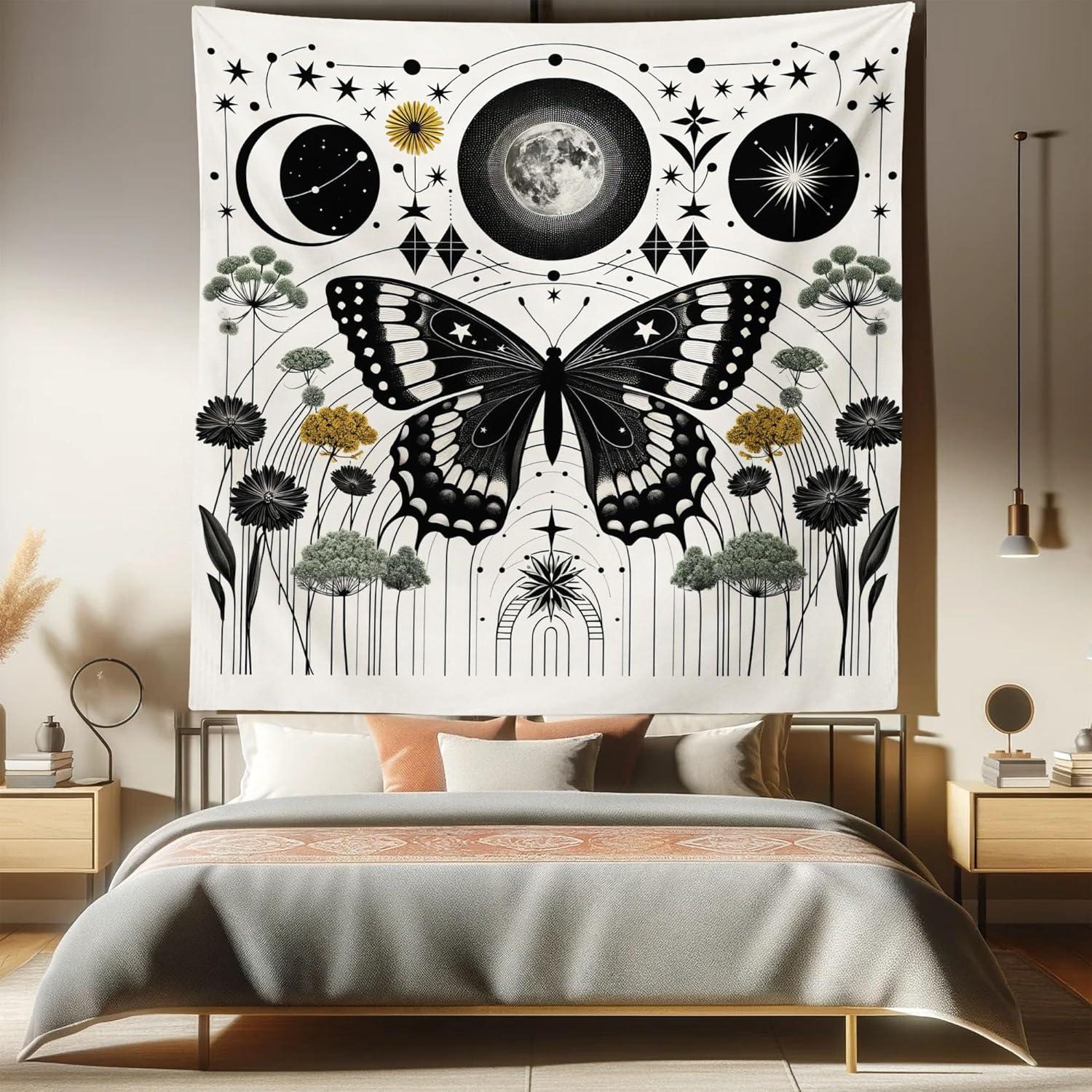 imageAmbesonne Hippie Tapestry Modern Goth Scene of Wingy Skeleton Moon and Roundy Flowers Boho Dreamy Fabric Wall Hanging Decor for Bedroom Living Room Dorm 28 X 23 Eggshell Shamrock GreenCream Dark Grey Green