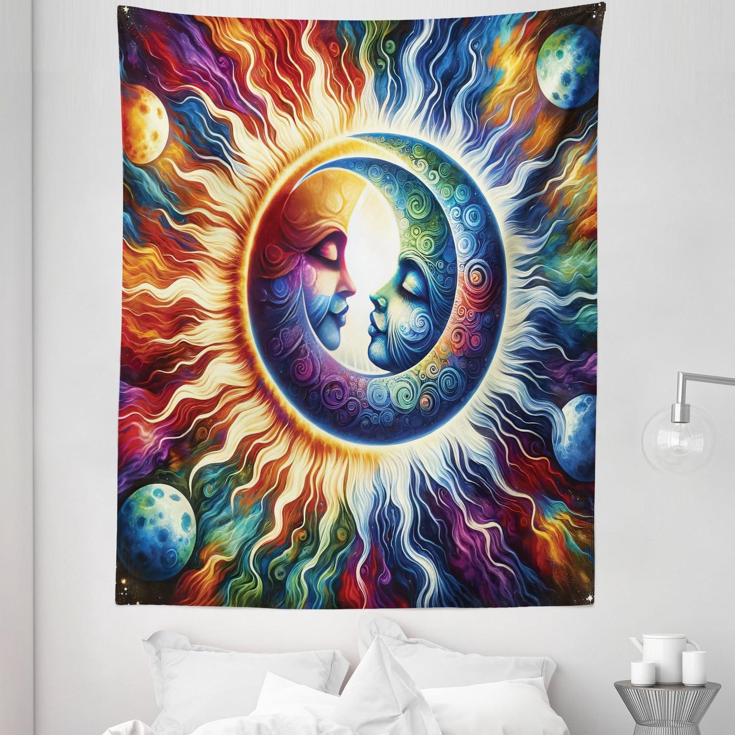 imageAmbesonne Hippie Tapestry Modern Goth Scene of Wingy Skeleton Moon and Roundy Flowers Boho Dreamy Fabric Wall Hanging Decor for Bedroom Living Room Dorm 28 X 23 Eggshell Shamrock GreenAmber Multicolor
