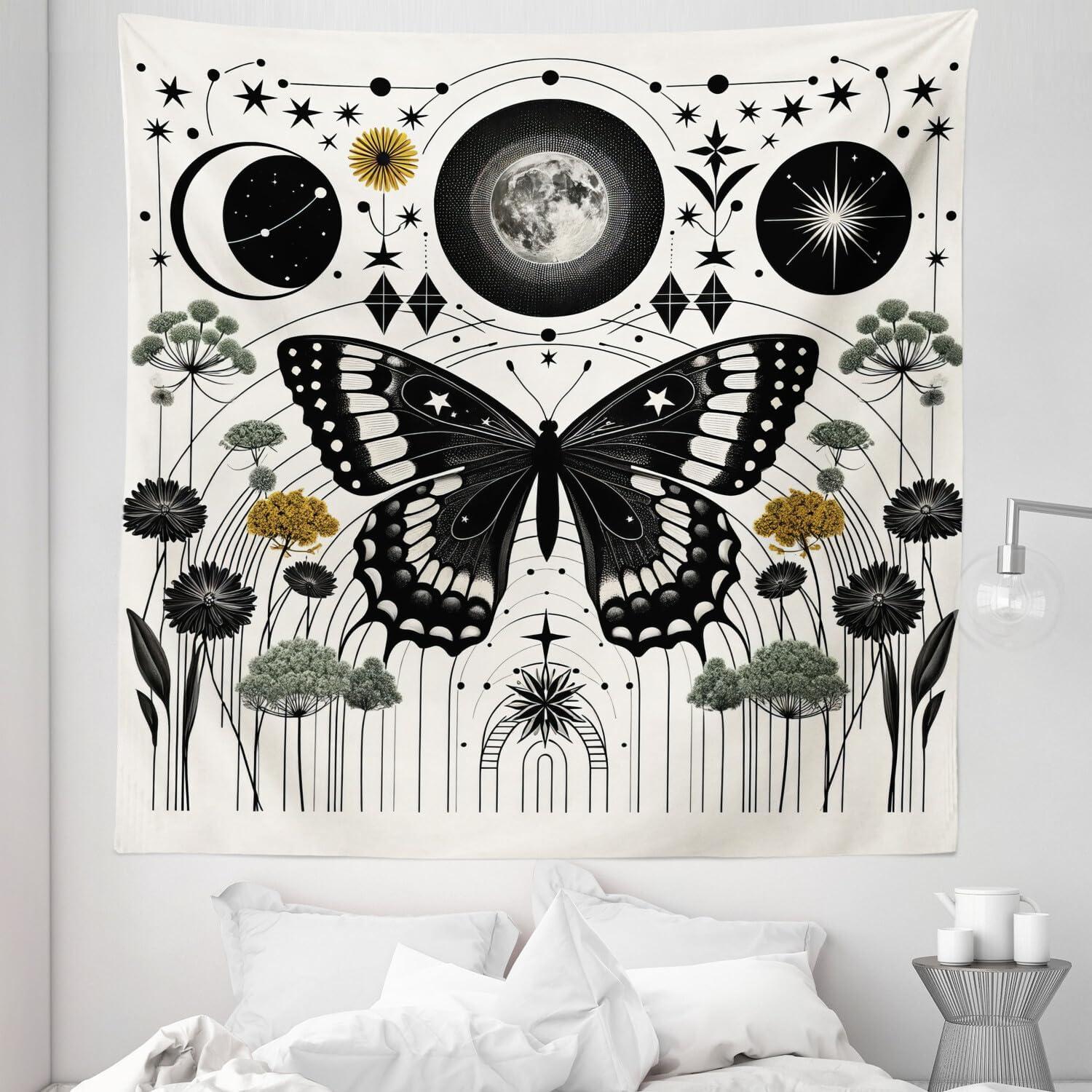imageAmbesonne Hippie Tapestry Modern Goth Scene of Wingy Skeleton Moon and Roundy Flowers Boho Dreamy Fabric Wall Hanging Decor for Bedroom Living Room Dorm 28 X 23 Eggshell Shamrock GreenCream Dark Grey Green