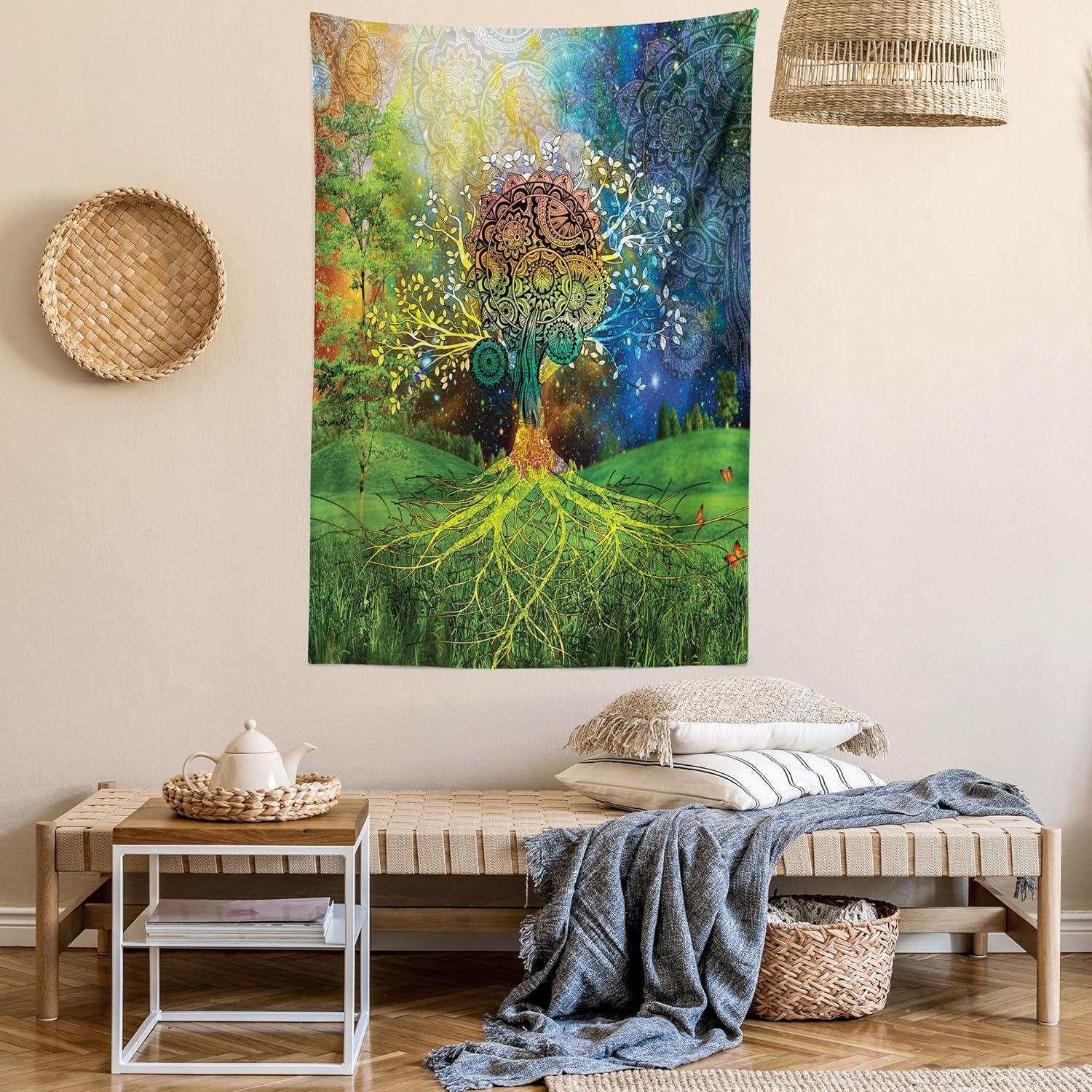 imageAmbesonne Hippie Tapestry Modern Goth Scene of Wingy Skeleton Moon and Roundy Flowers Boho Dreamy Fabric Wall Hanging Decor for Bedroom Living Room Dorm 28 X 23 Eggshell Shamrock GreenGreen Blue