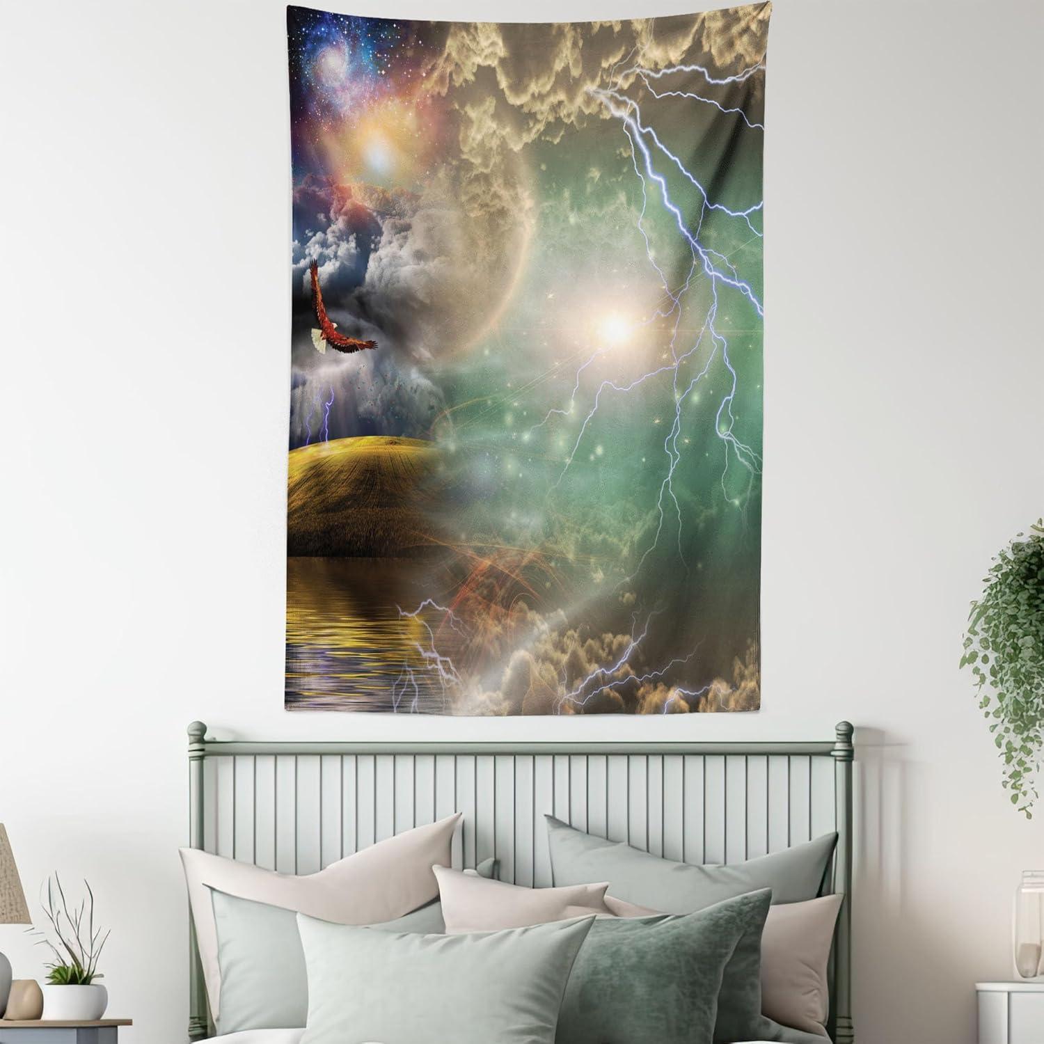 imageAmbesonne Hippie Tapestry Modern Goth Scene of Wingy Skeleton Moon and Roundy Flowers Boho Dreamy Fabric Wall Hanging Decor for Bedroom Living Room Dorm 28 X 23 Eggshell Shamrock GreenPurple Yellow