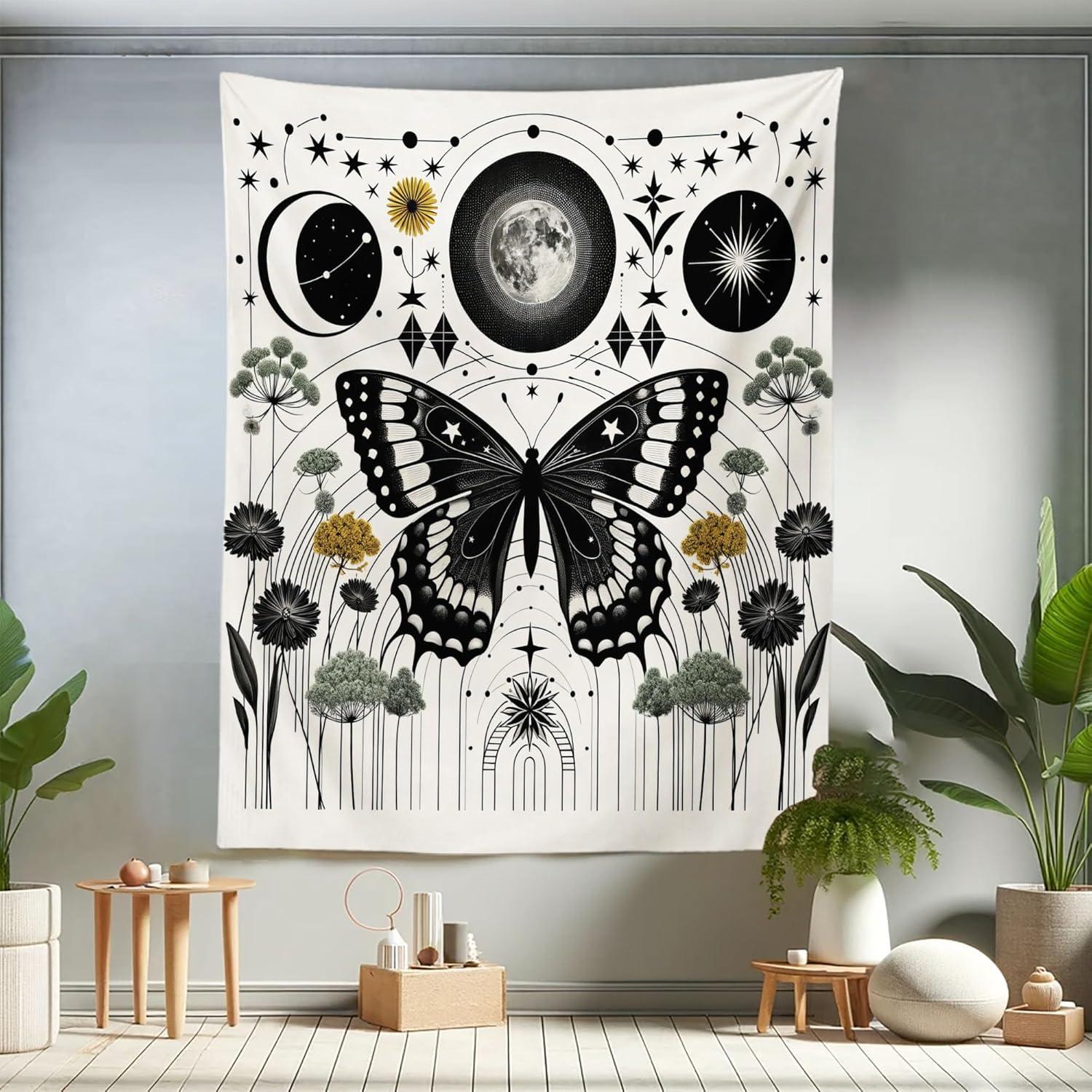 imageAmbesonne Hippie Tapestry Modern Goth Scene of Wingy Skeleton Moon and Roundy Flowers Boho Dreamy Fabric Wall Hanging Decor for Bedroom Living Room Dorm 28 X 23 Eggshell Shamrock GreenCream Dark Grey Green