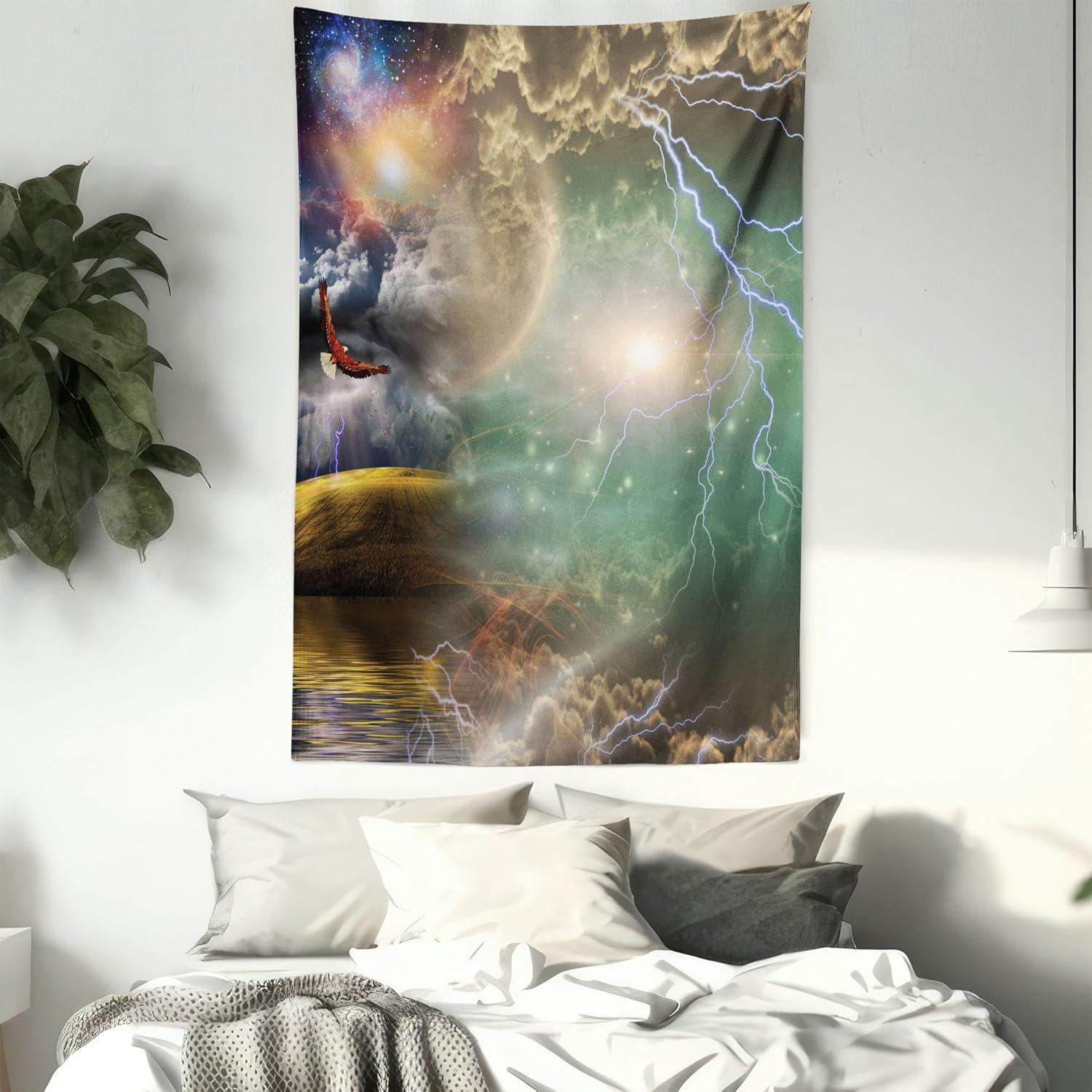 imageAmbesonne Hippie Tapestry Modern Goth Scene of Wingy Skeleton Moon and Roundy Flowers Boho Dreamy Fabric Wall Hanging Decor for Bedroom Living Room Dorm 28 X 23 Eggshell Shamrock GreenPurple Yellow