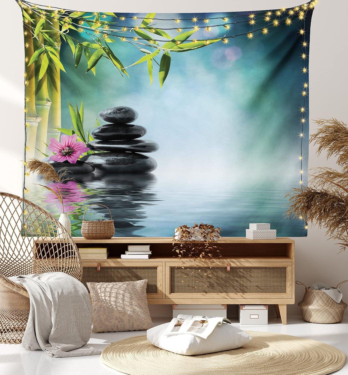 imageAmbesonne Hippie Tapestry Modern Goth Scene of Wingy Skeleton Moon and Roundy Flowers Boho Dreamy Fabric Wall Hanging Decor for Bedroom Living Room Dorm 28 X 23 Eggshell Shamrock GreenBlue Black