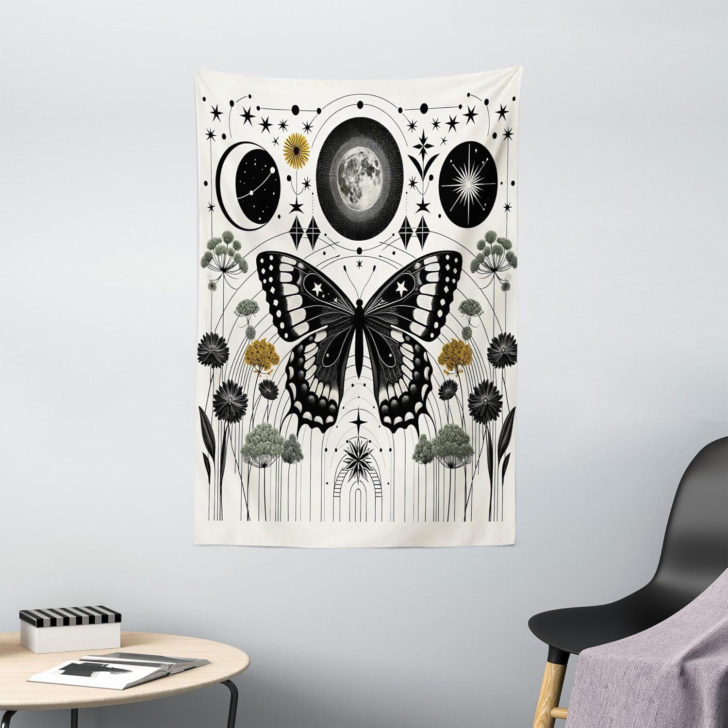 imageAmbesonne Hippie Tapestry Modern Goth Scene of Wingy Skeleton Moon and Roundy Flowers Boho Dreamy Fabric Wall Hanging Decor for Bedroom Living Room Dorm 28 X 23 Eggshell Shamrock GreenCream Dark Grey Green