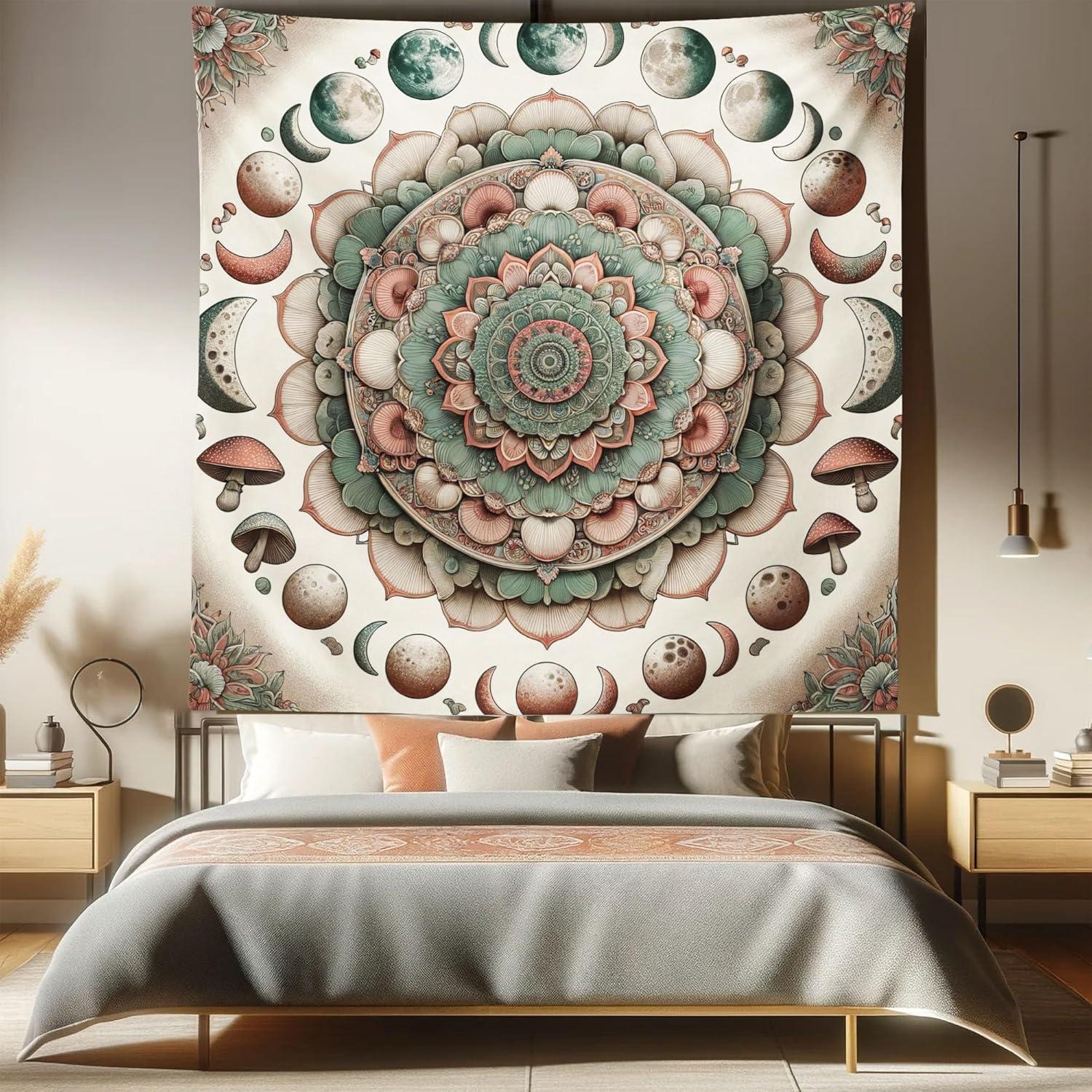 imageAmbesonne Hippie Tapestry Modern Goth Scene of Wingy Skeleton Moon and Roundy Flowers Boho Dreamy Fabric Wall Hanging Decor for Bedroom Living Room Dorm 28 X 23 Eggshell Shamrock GreenPale Mustard Laurel Green