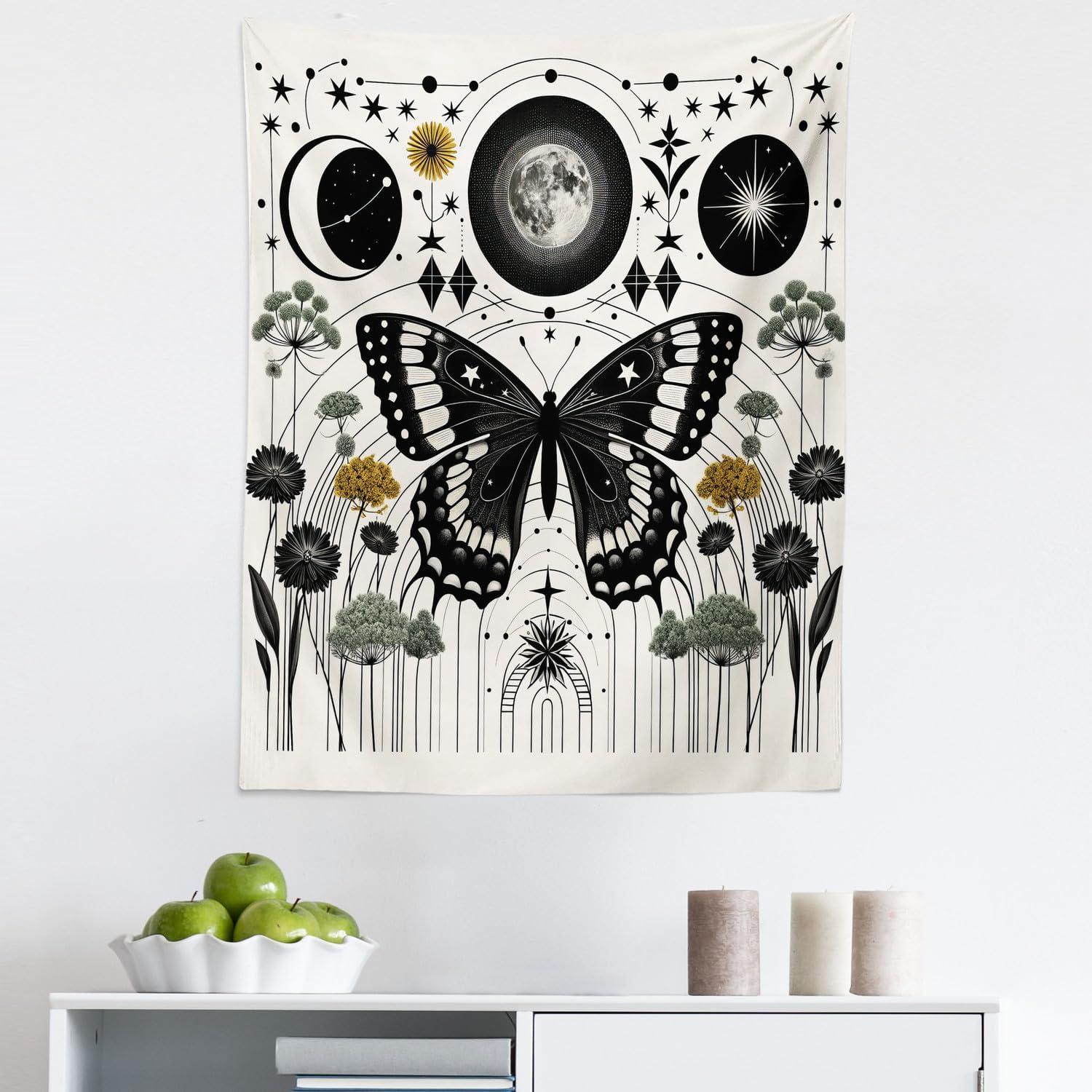 imageAmbesonne Hippie Tapestry Modern Goth Scene of Wingy Skeleton Moon and Roundy Flowers Boho Dreamy Fabric Wall Hanging Decor for Bedroom Living Room Dorm 28 X 23 Eggshell Shamrock GreenCream Dark Grey Green
