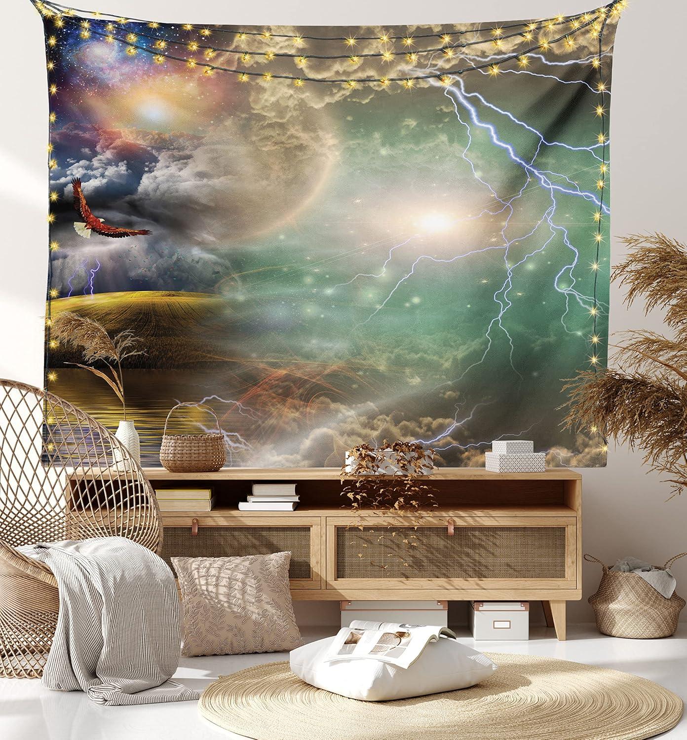imageAmbesonne Hippie Tapestry Modern Goth Scene of Wingy Skeleton Moon and Roundy Flowers Boho Dreamy Fabric Wall Hanging Decor for Bedroom Living Room Dorm 28 X 23 Eggshell Shamrock GreenPurple Yellow
