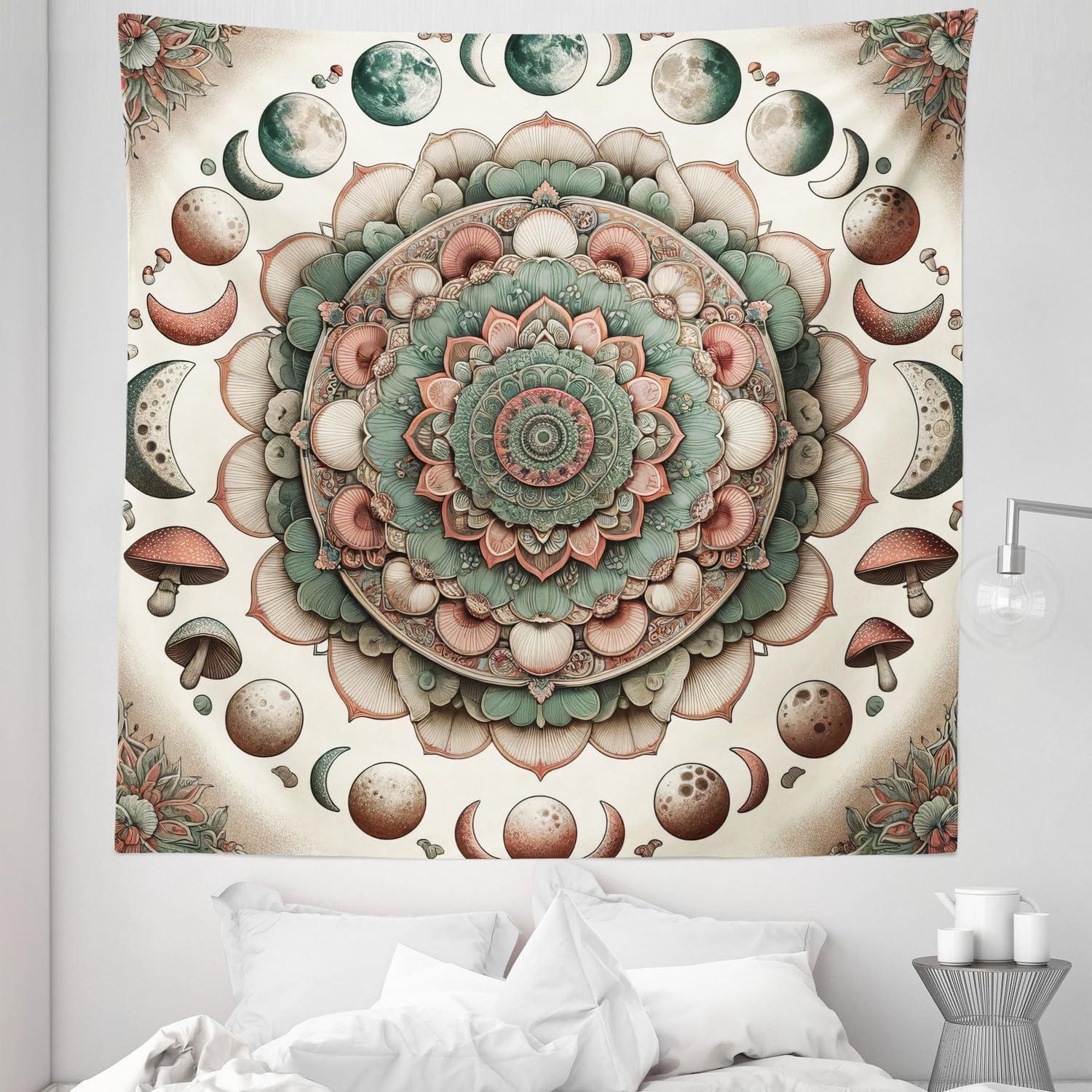 imageAmbesonne Hippie Tapestry Modern Goth Scene of Wingy Skeleton Moon and Roundy Flowers Boho Dreamy Fabric Wall Hanging Decor for Bedroom Living Room Dorm 28 X 23 Eggshell Shamrock GreenPale Mustard Laurel Green