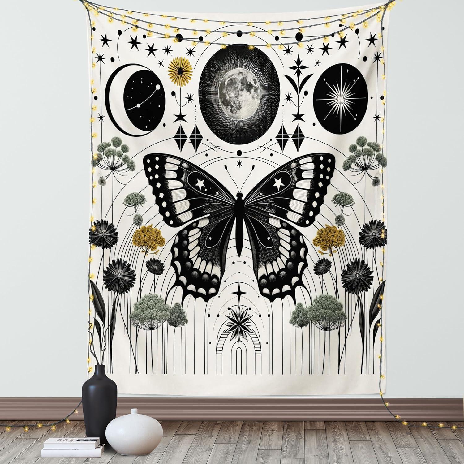 imageAmbesonne Hippie Tapestry Modern Goth Scene of Wingy Skeleton Moon and Roundy Flowers Boho Dreamy Fabric Wall Hanging Decor for Bedroom Living Room Dorm 28 X 23 Eggshell Shamrock GreenCream Dark Grey Green