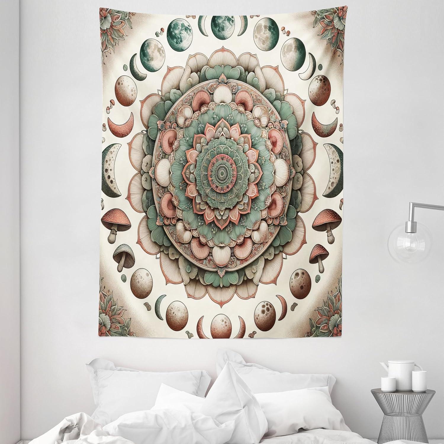 imageAmbesonne Hippie Tapestry Modern Goth Scene of Wingy Skeleton Moon and Roundy Flowers Boho Dreamy Fabric Wall Hanging Decor for Bedroom Living Room Dorm 28 X 23 Eggshell Shamrock GreenPale Mustard Laurel Green