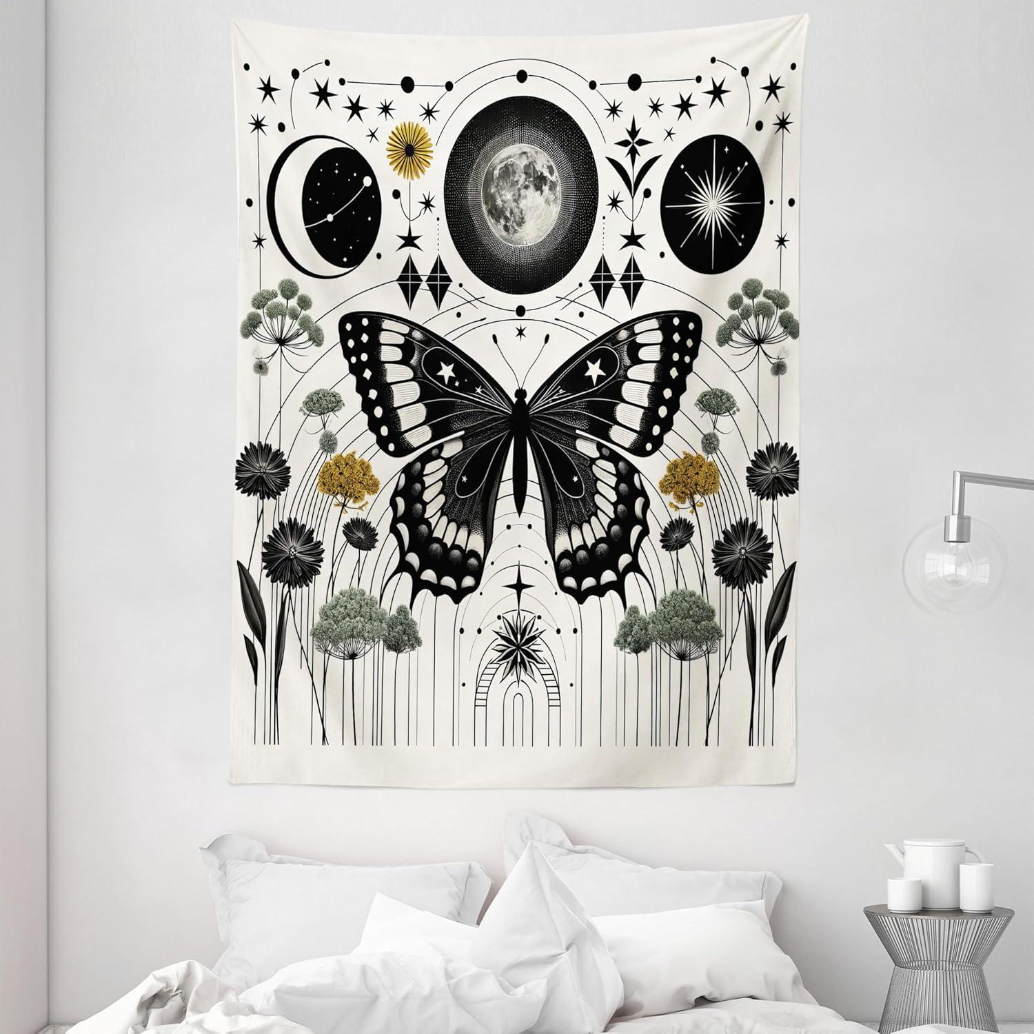 imageAmbesonne Hippie Tapestry Modern Goth Scene of Wingy Skeleton Moon and Roundy Flowers Boho Dreamy Fabric Wall Hanging Decor for Bedroom Living Room Dorm 28 X 23 Eggshell Shamrock GreenCream Dark Grey Green