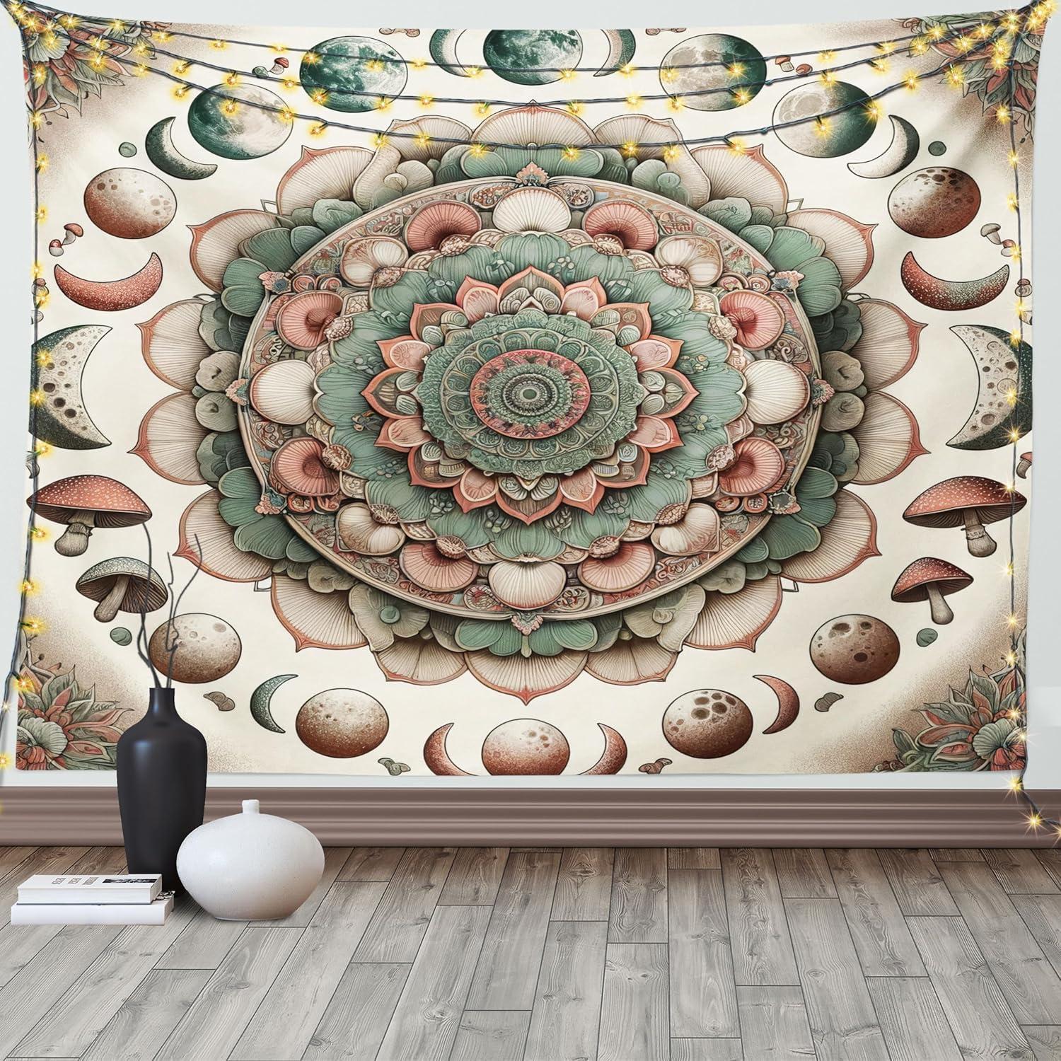 imageAmbesonne Hippie Tapestry Modern Goth Scene of Wingy Skeleton Moon and Roundy Flowers Boho Dreamy Fabric Wall Hanging Decor for Bedroom Living Room Dorm 28 X 23 Eggshell Shamrock GreenPale Mustard Laurel Green