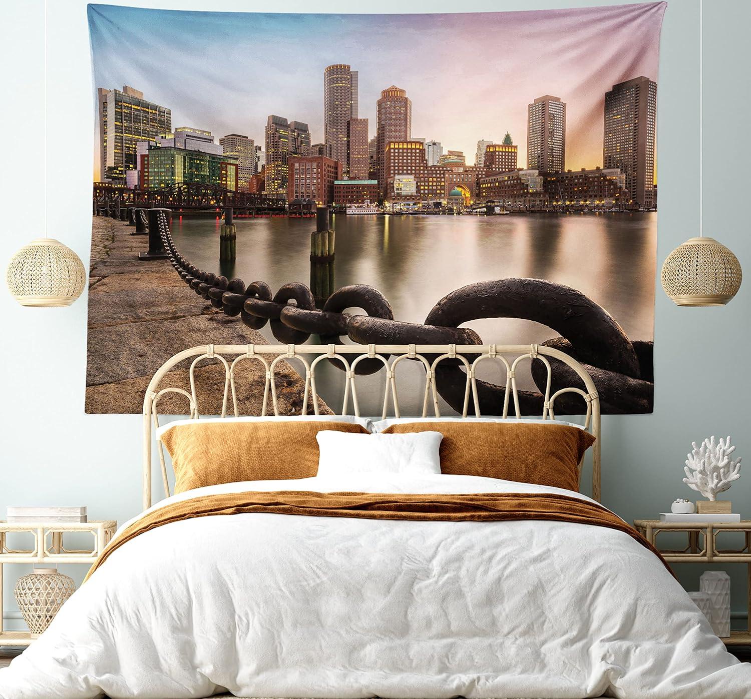 imageAmbesonne Massachusetts Tapestry Fan Pier Park with Boston City Skyline Modern Urban Life Themed Design Print Wide Wall Hanging for Bedroom Living Room Dorm 80 X 60 Multicolor
